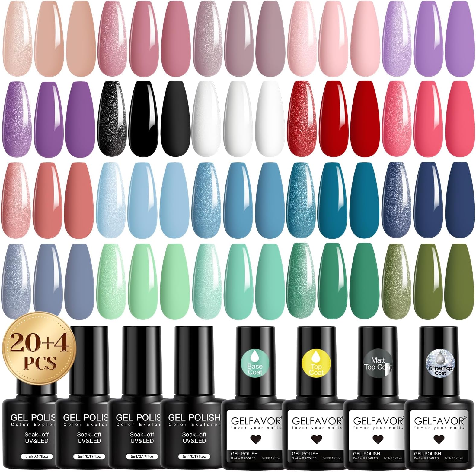 Gelfavor 20 PCS Gel Polish with 4 PCS Base Coat Matte Glossy Glitter Top Coat Soak Off Gel Nail Polish Collection for All Seasons