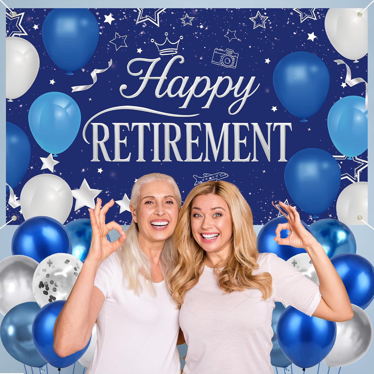 Holkcog Blue Retirement Party Decorations for Women, Silver Blue Happy Retired Banner Backdrop Paper Fan Hanging Swirls for Coworker, I'm Retired Cake Top & Honeycomb Set, Great for Retiring Women