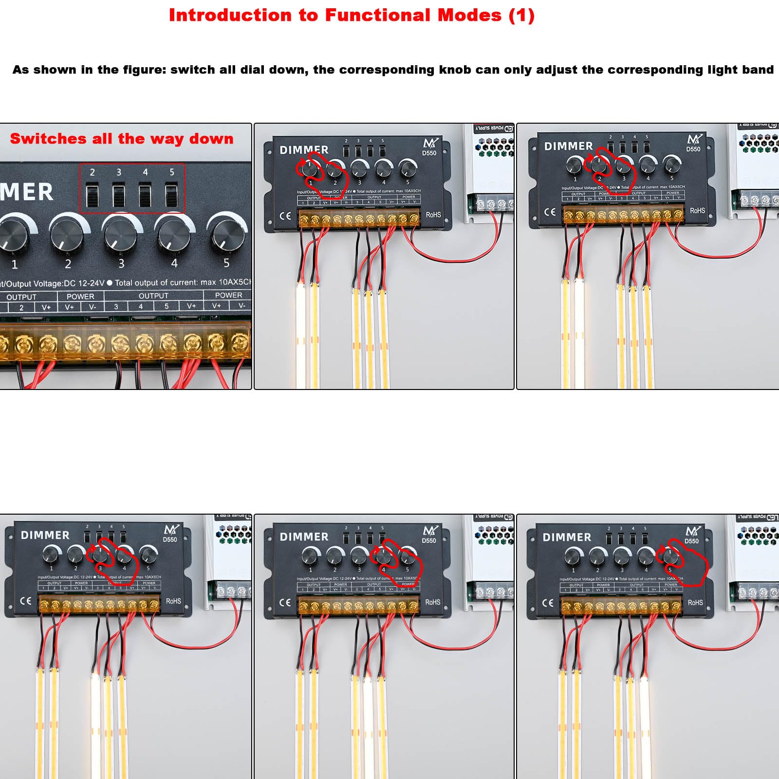 TOPAI Five Knob LED Strip Dimmer, Independent 5 Channel Control, PWM Dimming Controller, Output DC 12V-24V Max 50A - Image 3