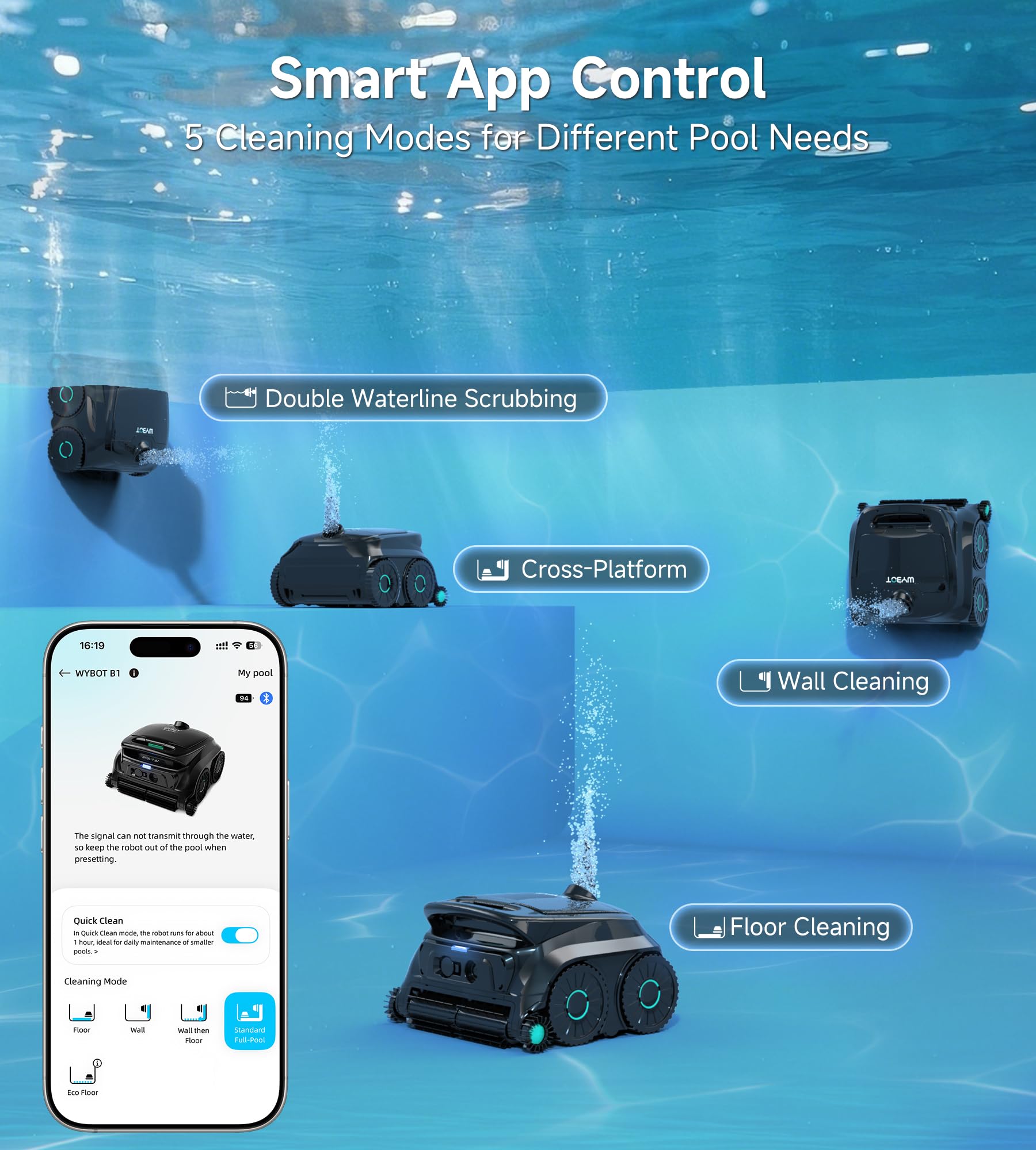 WYBOT OS600 Poolroboter Akku Für Wand Und Boden, Kabelloser Poolroboter Mit 120 Min Laufzeit, Intelligente Navigation, Auto-Park Für Inground- Und Aufstellpools,Schwarzgrün