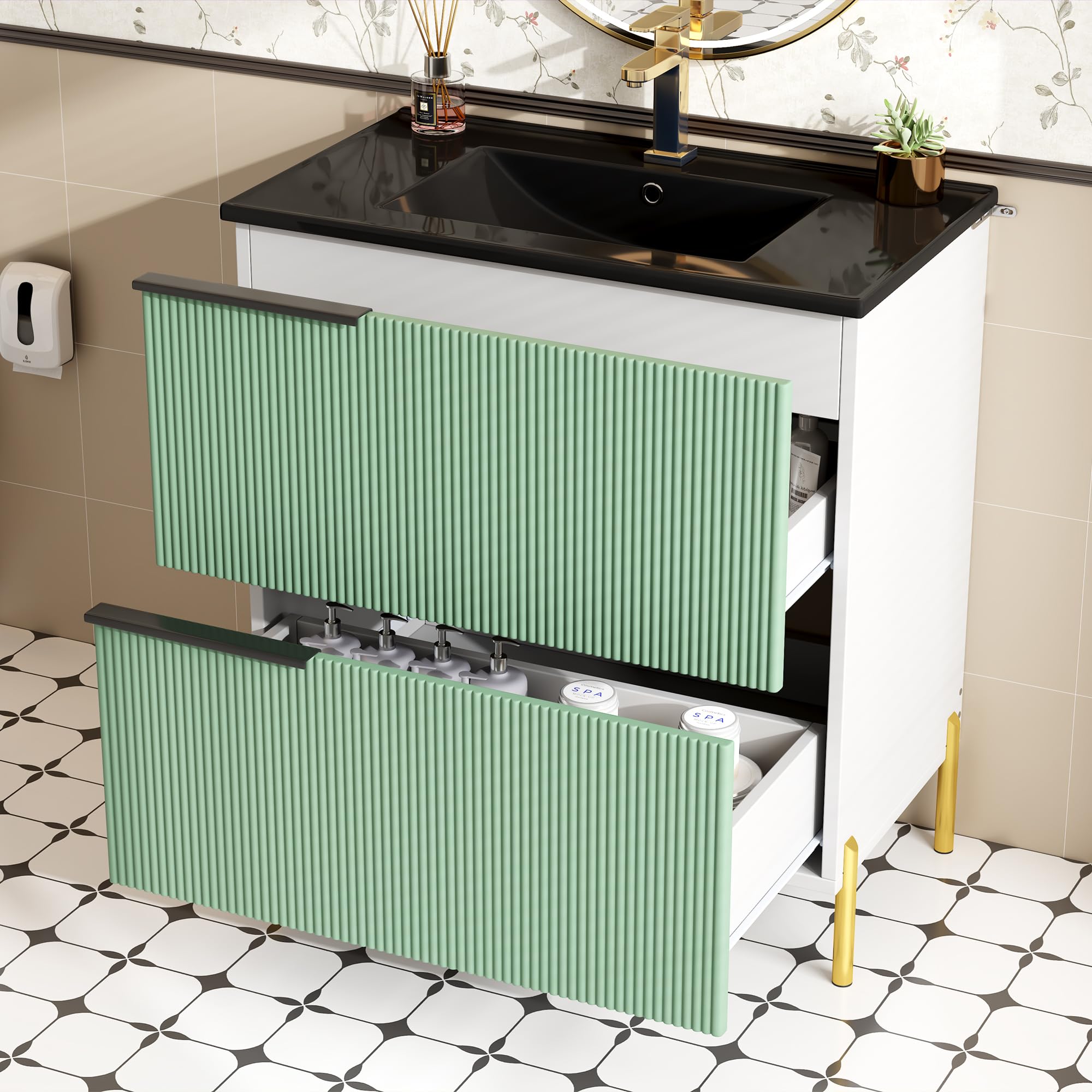 Lcoho Mobile lavabo da bagno con lavabo in ceramica, lavabo singolo con cassetti in MDF, organizer da bagno con vasca, verde