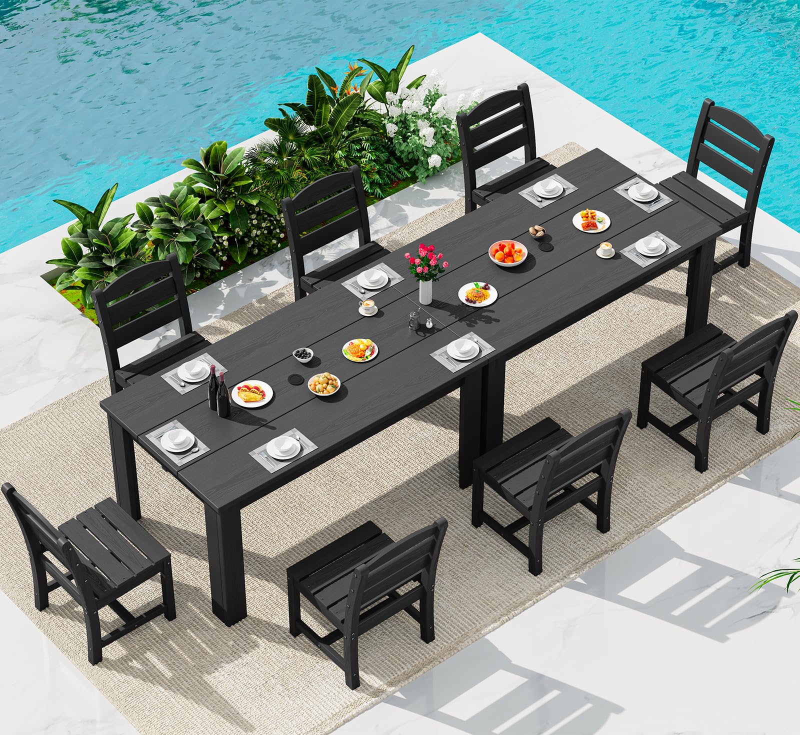 SERWALL 59" Outdoor Dining Set for 8, HDPE Dining Set, Black