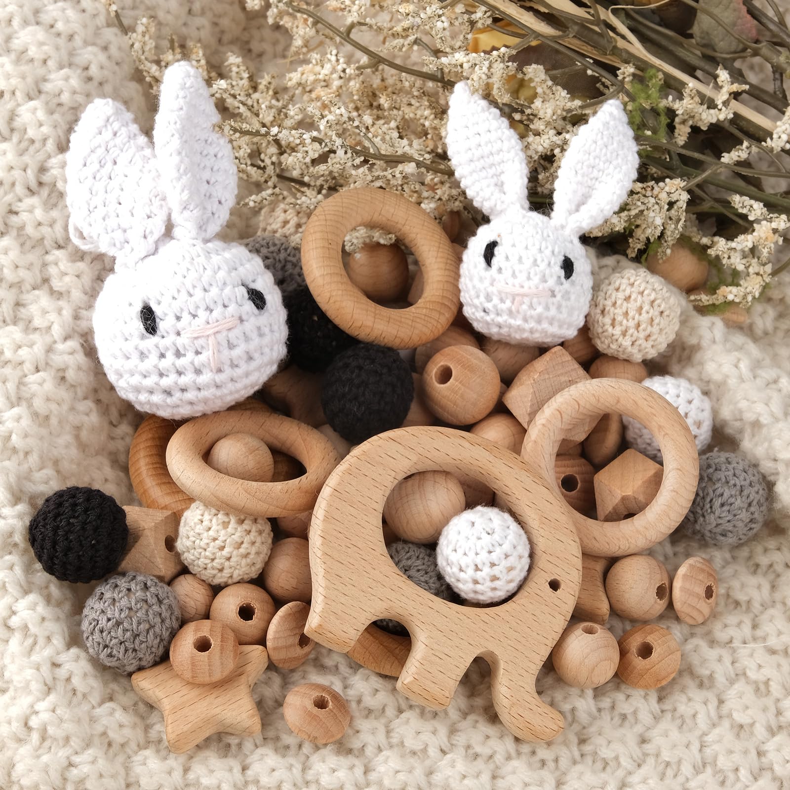 ARTREE 1 Conjunto de cuentas y anillos de madera, cuentas de para macramé kit de manualidades DIY.