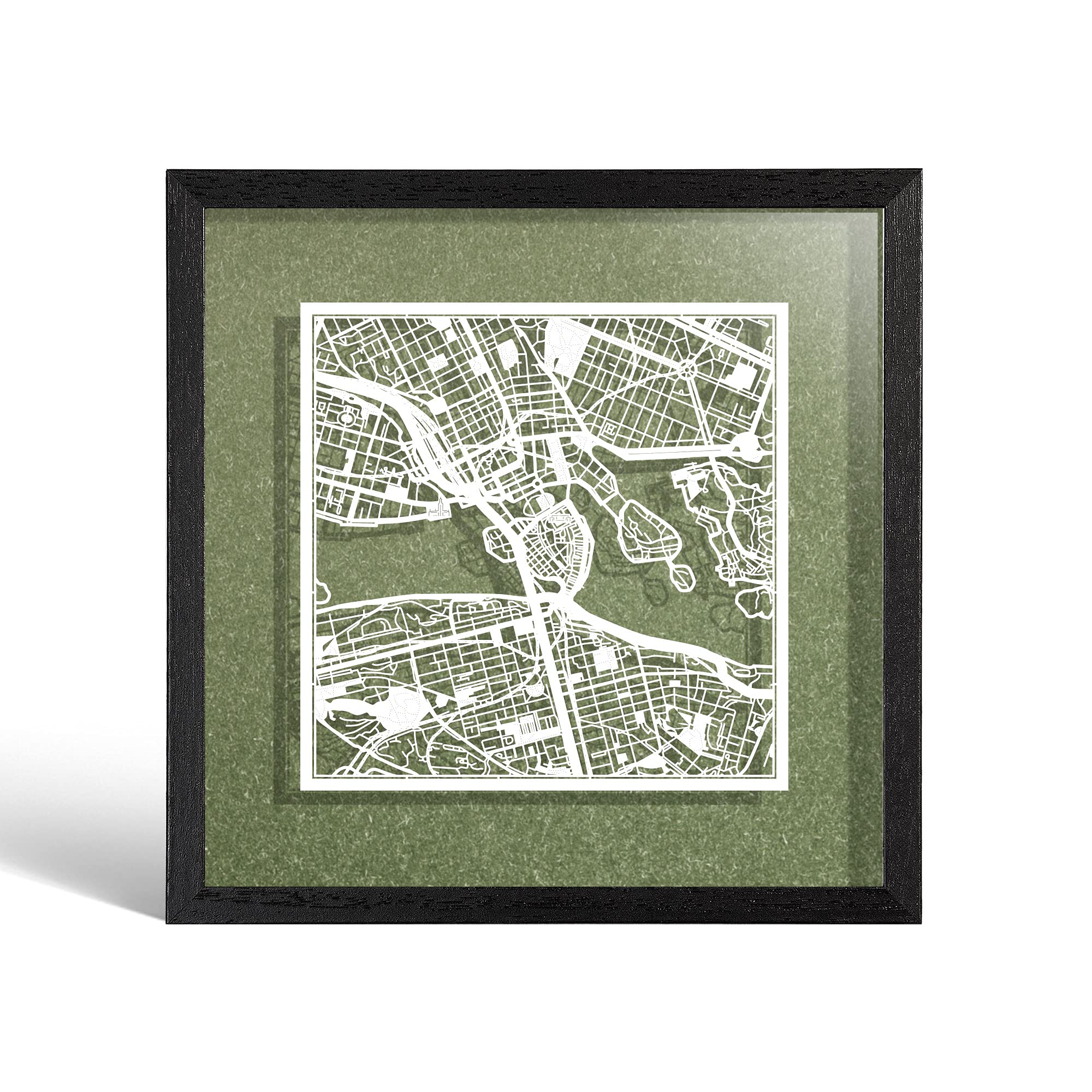 O3 DESIGN STUDIO Stockholm Paper Cut Map framed, White map, Black frame, 23x23 cm, Gift Boxed, 4 background color, self-changing, Paper Art — image 1