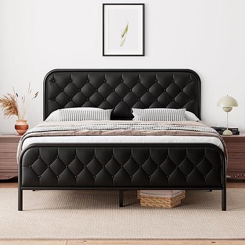 iPormis Upholstered Queen Platform Bed Frame, Heavy Duty Mattress Foundation, 12" Under Bed Space, Metal Slats Support, Button Faux Leather Headboard, Easy Assembly, Noise Free, Black