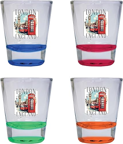 R and R Imports London England Design C Souvenir - Vaso de chupito redondo de 1.5 onzas, paquete de 4 unidades, multicolor