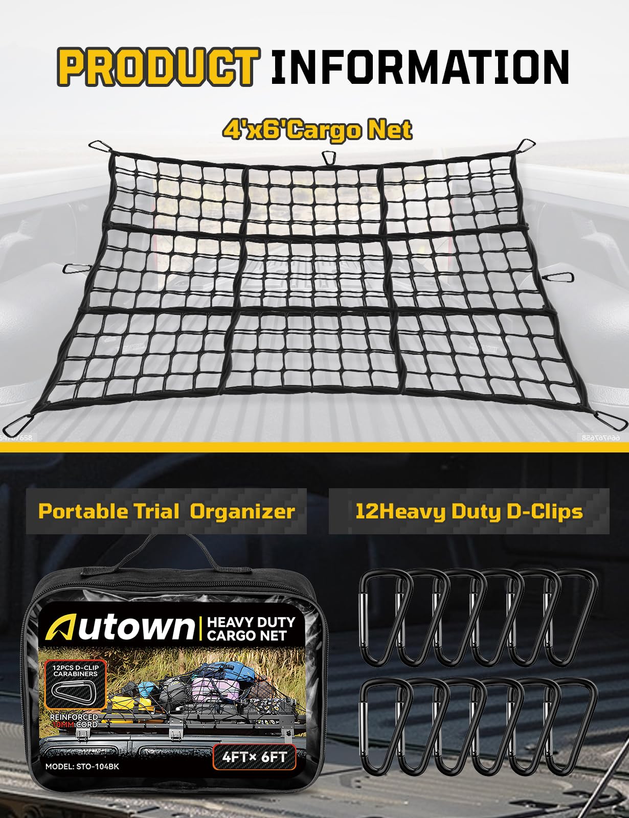 AUTOWN Rete da carico per letto pick-up – estensibile da 10,2 x 15,2 cm a 20,5 x 30,5 cm con rete da 10,2 x 10,2 cm, resistente corda elastica da 10 mm con 12 moschettoni in metallo, ideale per ATV