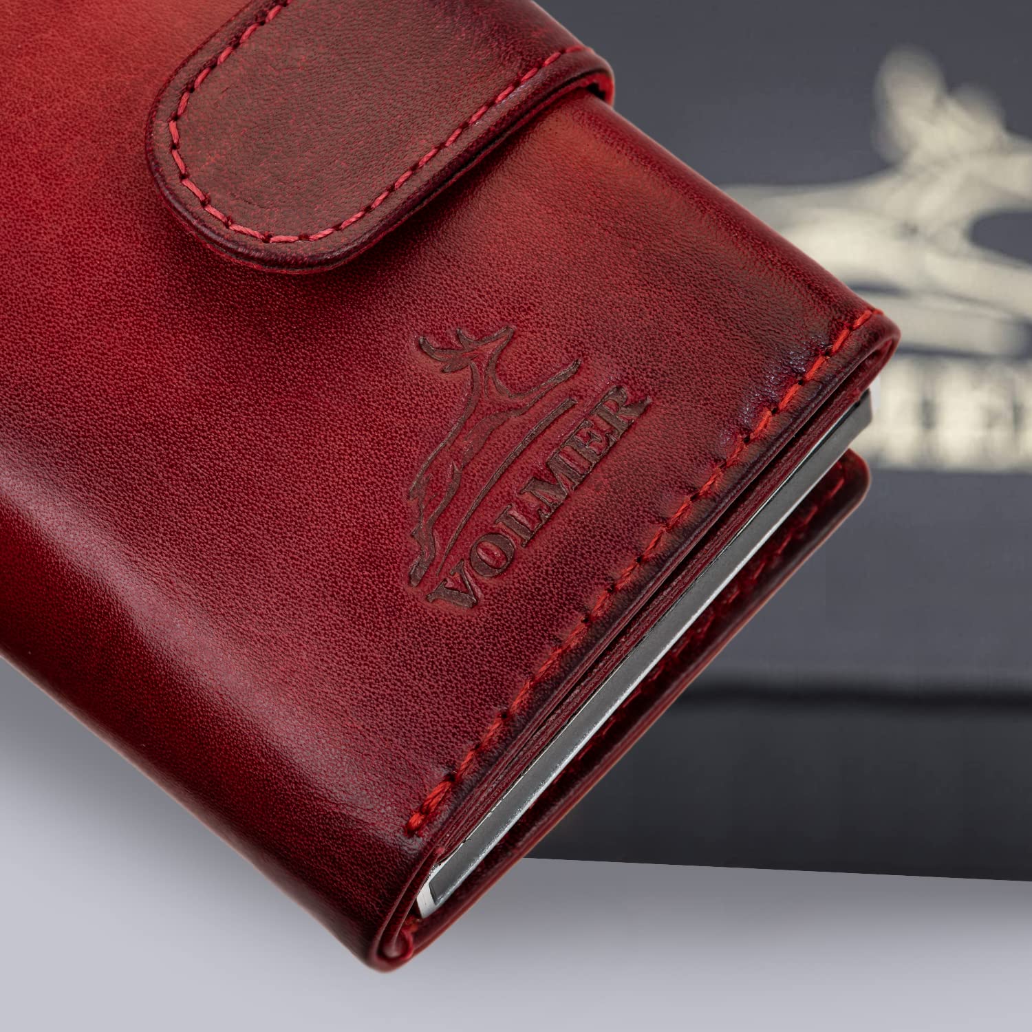 Fa.Volmer ® POP-UP portacarte con tasca per monete in vera pelle per uomo e donna | max. 11 carte | protezione RFID | portafoglio VO31 Red (rosso bordeaux)