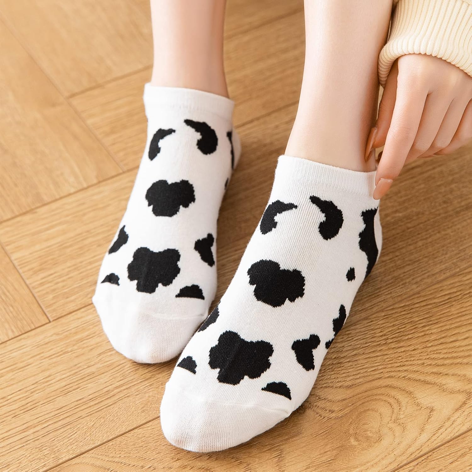 5 Pairs Cute Cow Embroidery Cotton Socks for Women - Black White Short Casual Ankle Socks - Image 4