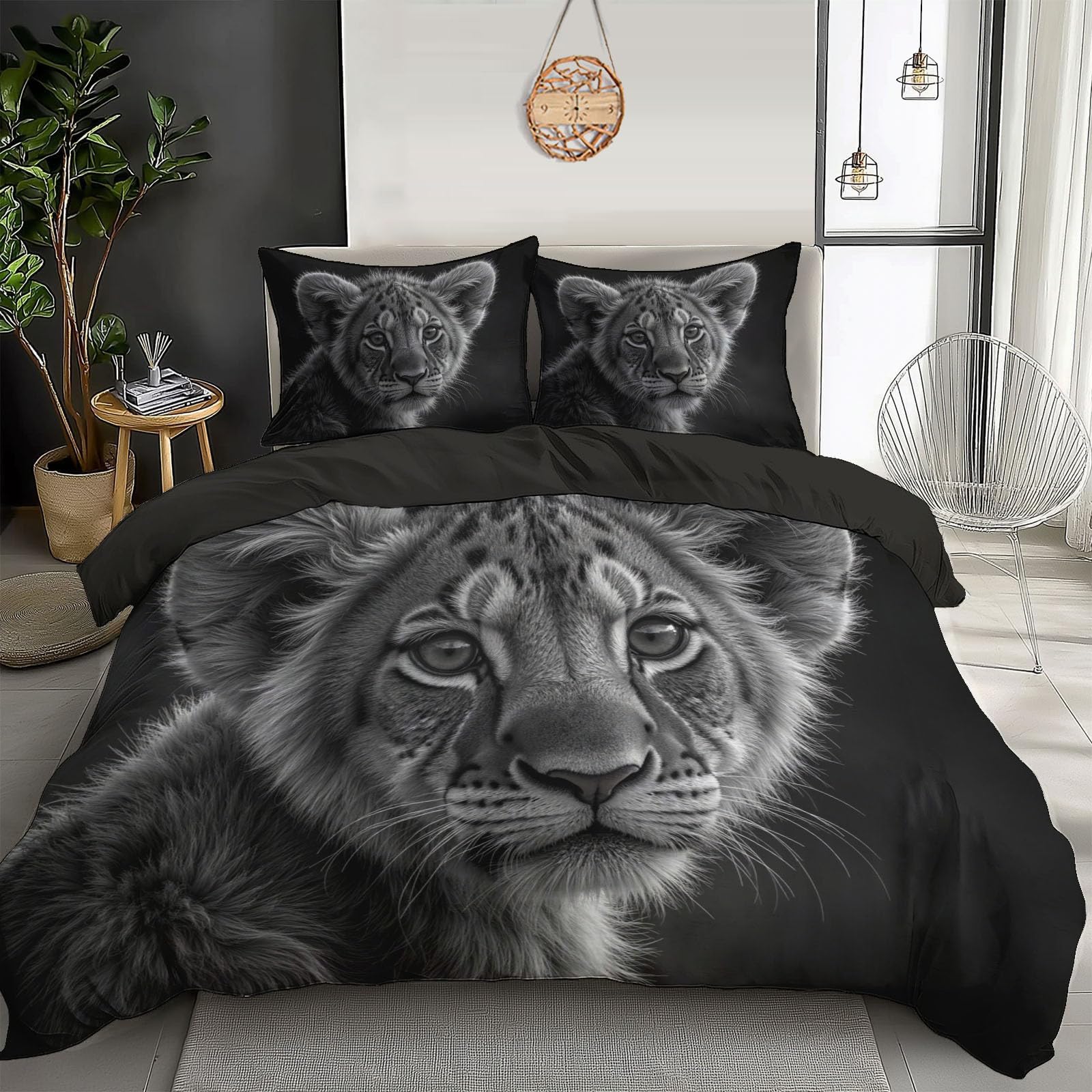 Housse de couette 240x260cm sans repassage en microfibre et 2 taies d'oreiller tigre