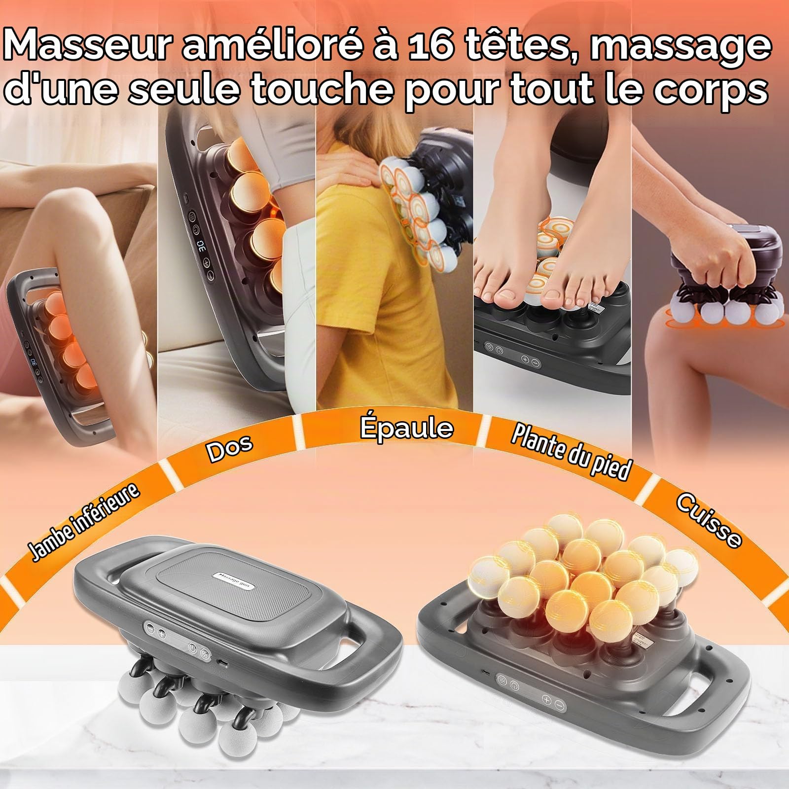 Pistolet de Massage Profond 16 têtes, 30 vitesses silencieux | Pistolet de Massage Musculaire, Masseur Dorsal Portable Anti-Douleur, Pistolet Percussion pour Cou, Épaules et Jambes