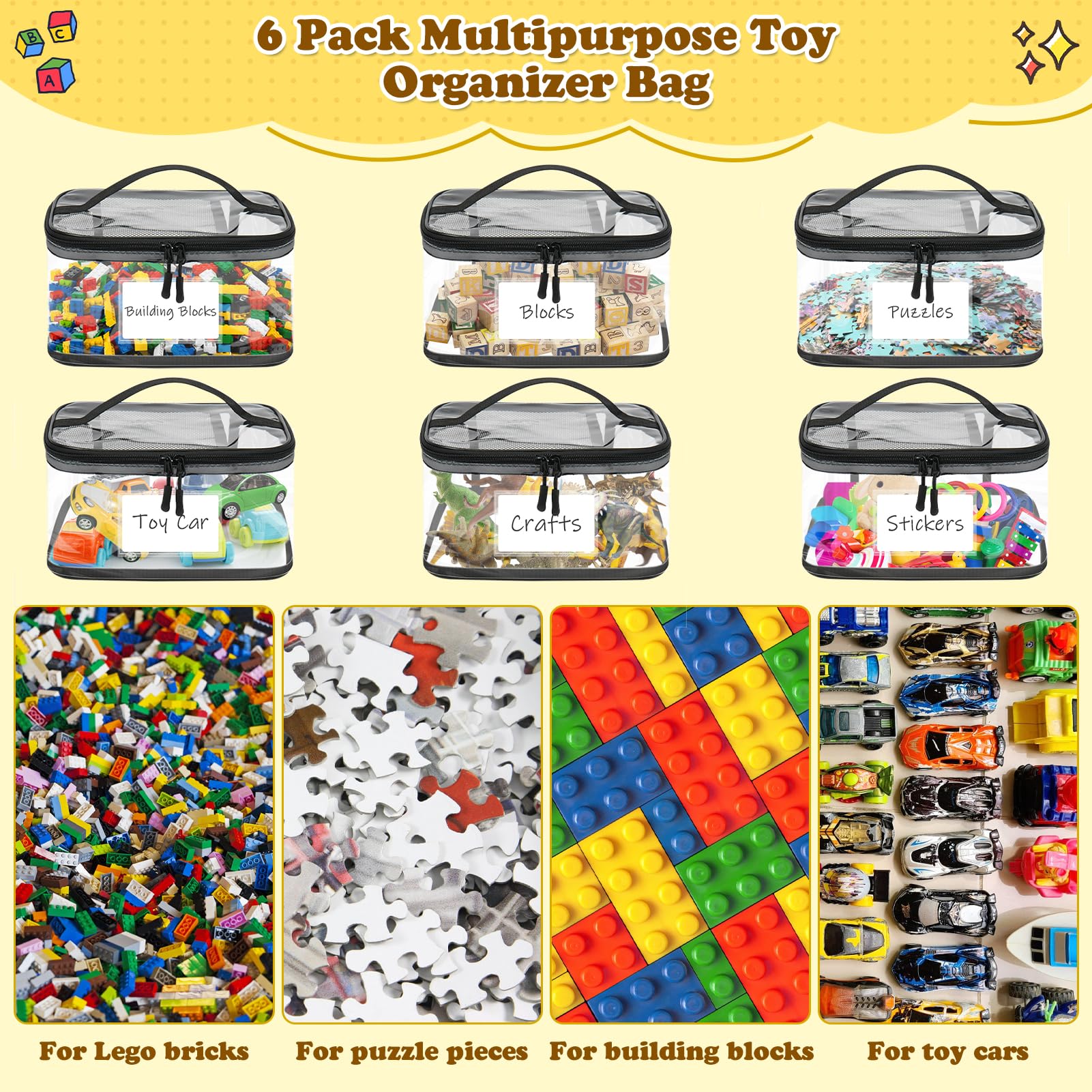 6 Pack Toy Storage Bags with Name Tag, Storage Bags with Zipper, Waterproof Clear PVC Toy Kids Organiser for Building Blocks, Puzzles, Clay, Small Models, Board Games — view 3