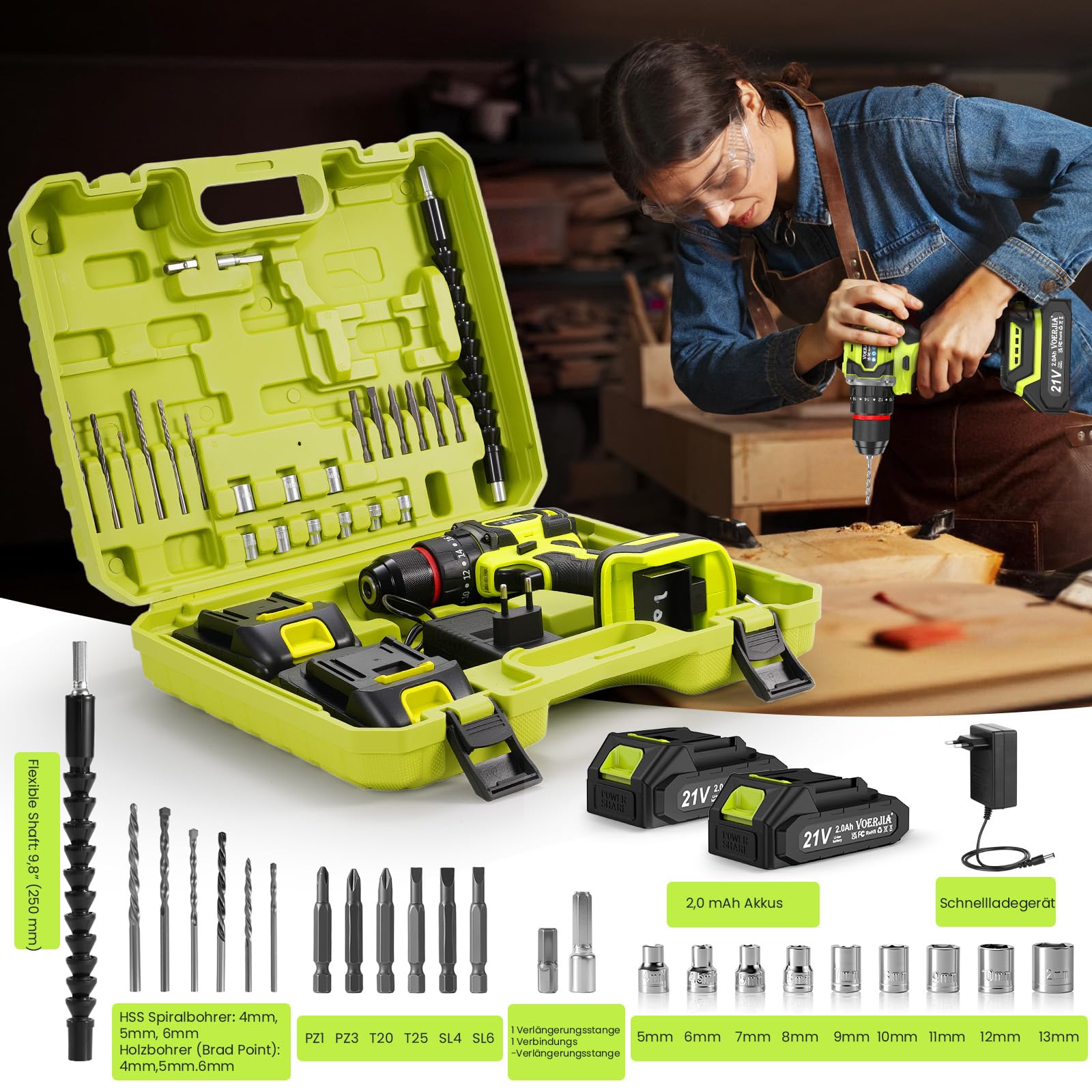 Martello perforatore a batteria da 21 V, set di avvitatore a batteria senza spazzole con 2 batterie da 2000 mAh, mandrino da 3/8", coppia 21 + 3, trapano a batteria max 60 N.m, luci a LED e 2 marce