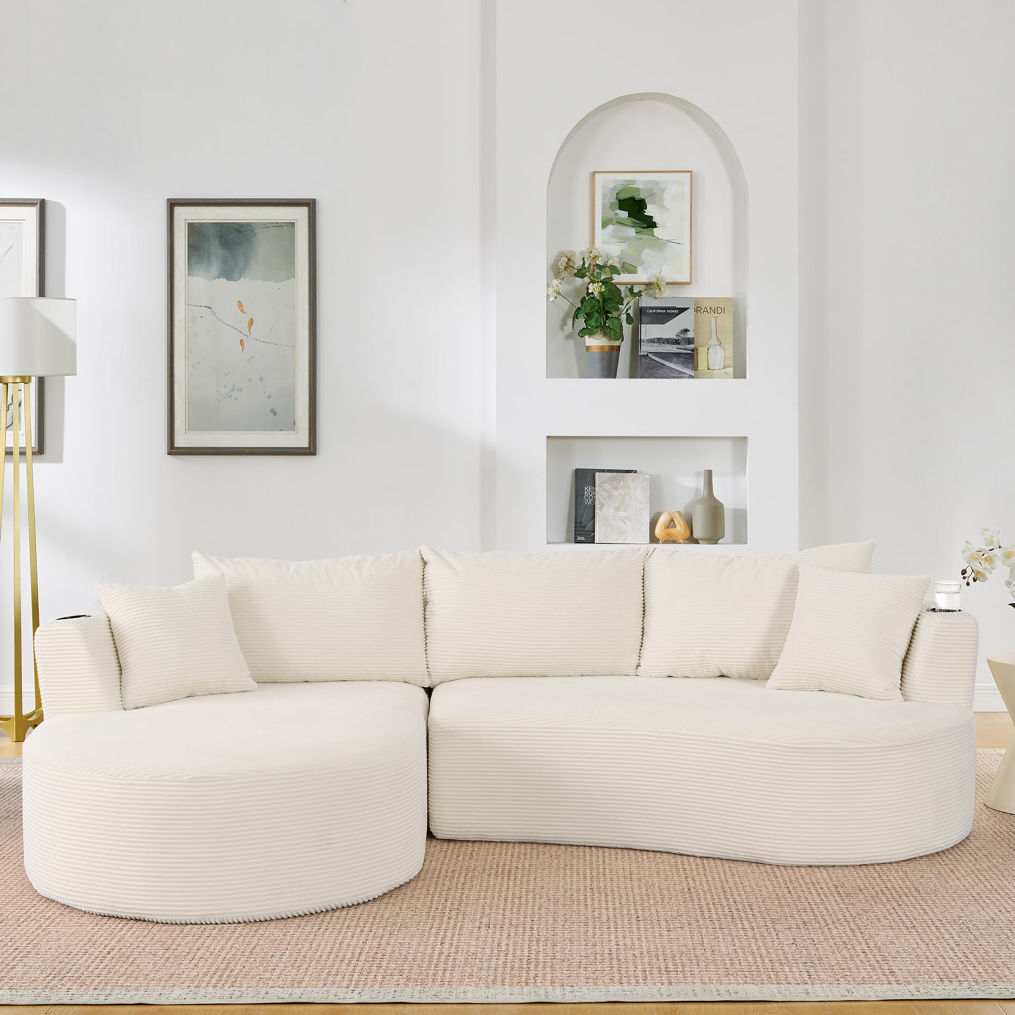 Sofá de 3 Plazas con Pana Suave, Chaise Longue Izquierda, Beige, 2 Piezas