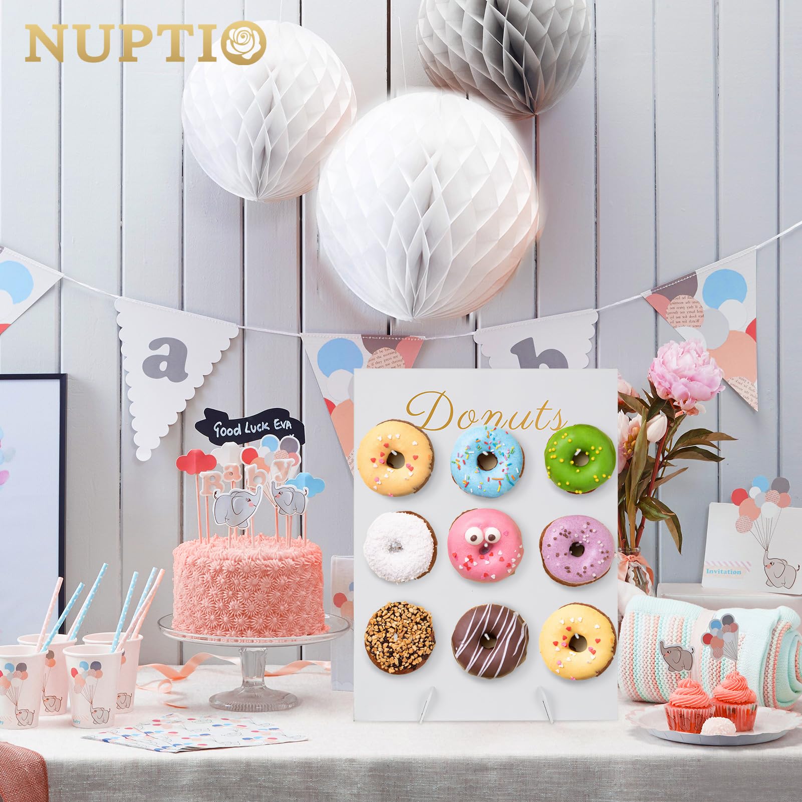 Nuptio Ciambella Espositore Ciambelline Porta: Set di 2 Donut Bianca Marrone 30x40cm Baby Shower