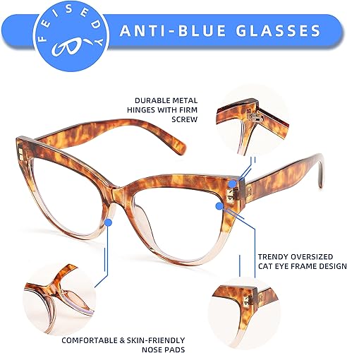 Miniatura 10 de FEISEDY Anteojos de lectura de gran tamaño para mujer, diseño vintage de ojo de gato, bloqueo de luz azul, antifatiga ocular B2991