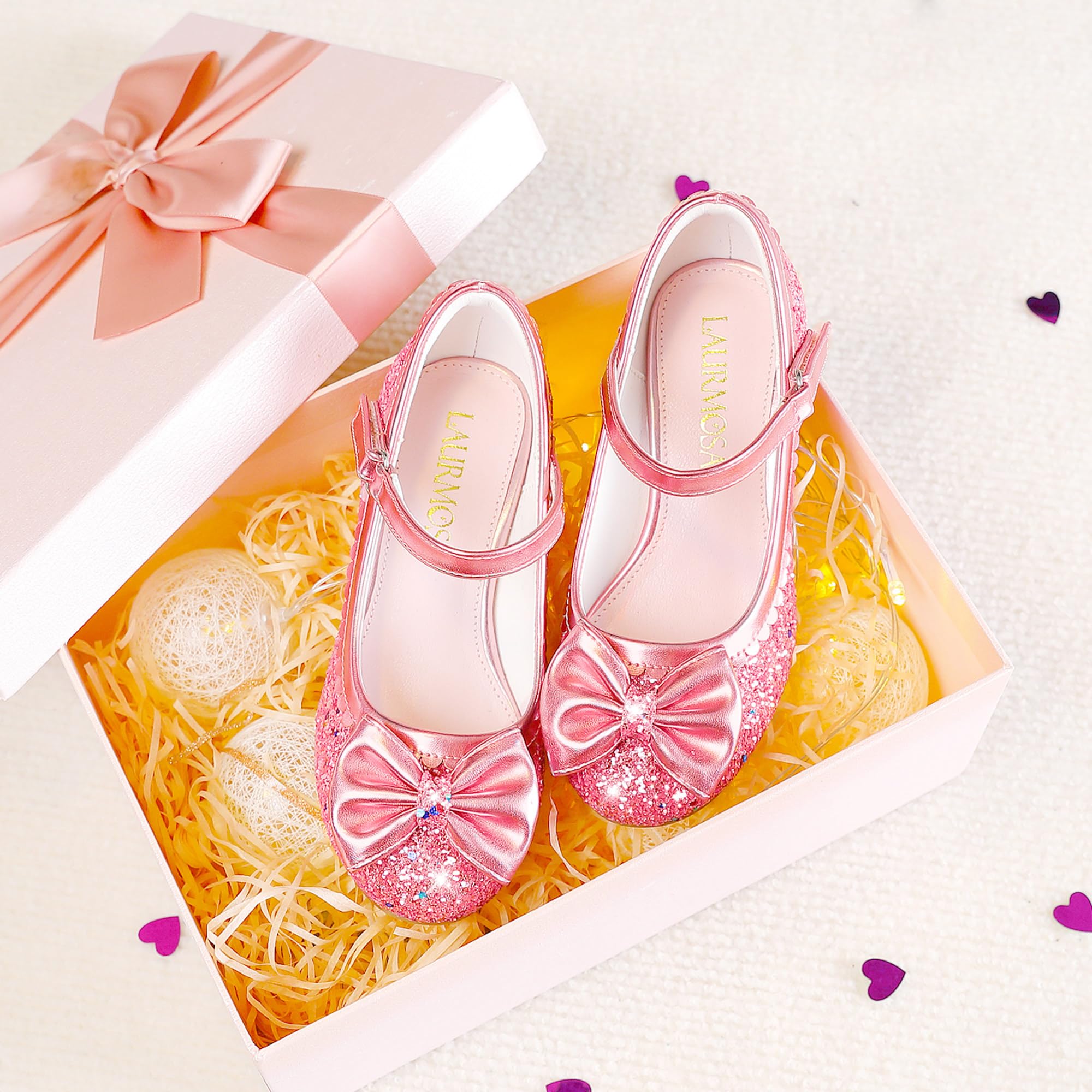 LAURMOSA Glitzer Prinzessin Schuhe Mädchen Mary Jane Riemchen Pumps mit Schleife Stöckelschuhe Kinder Party Hochzeit Geburtstag
