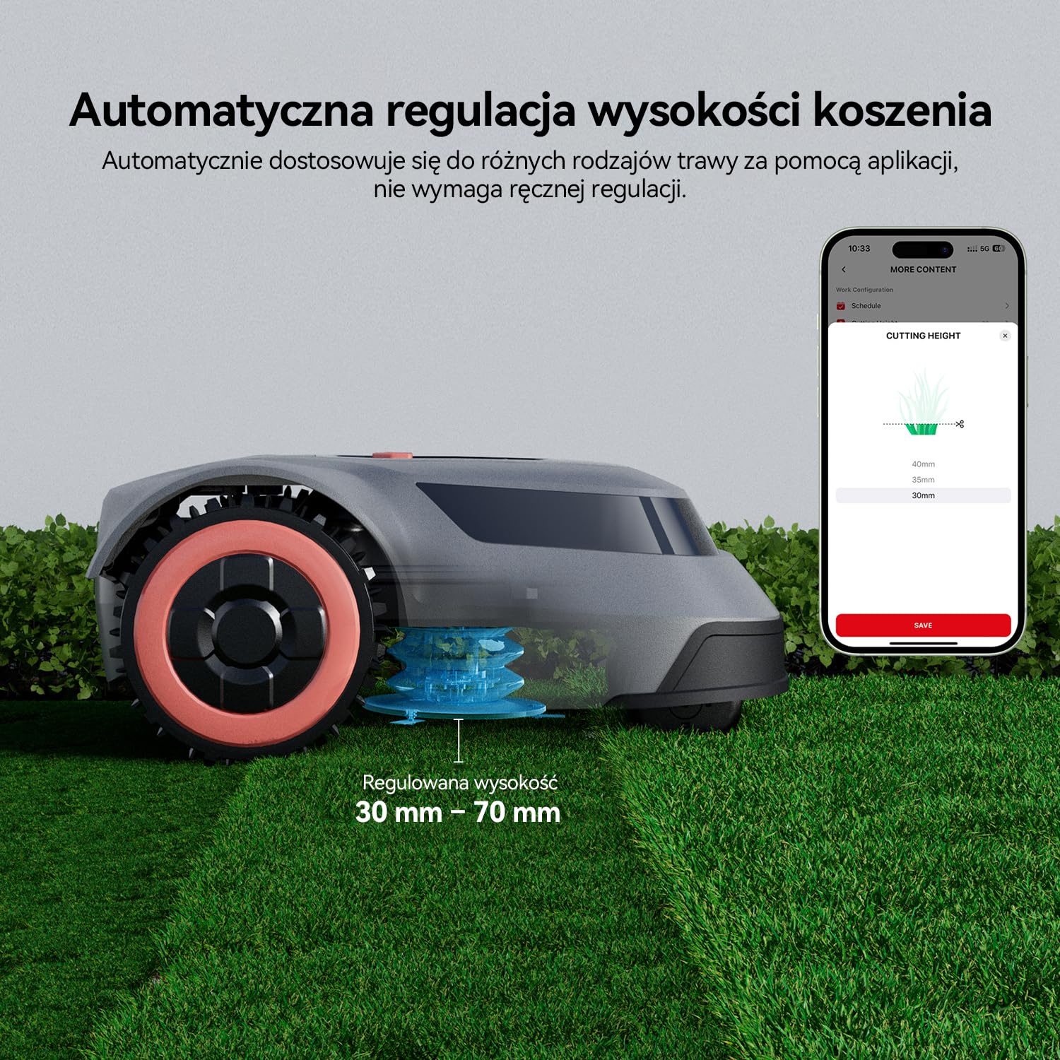 Redkey MGC500 robot kosiarka samochodowa, wykrywanie pęknięć kabla, maksymalny kąt wznoszenia 24°, automatyczna taca z ostrzami podnoszącymi, sterowanie za pomocą aplikacji, do przestrzeni podwórka do