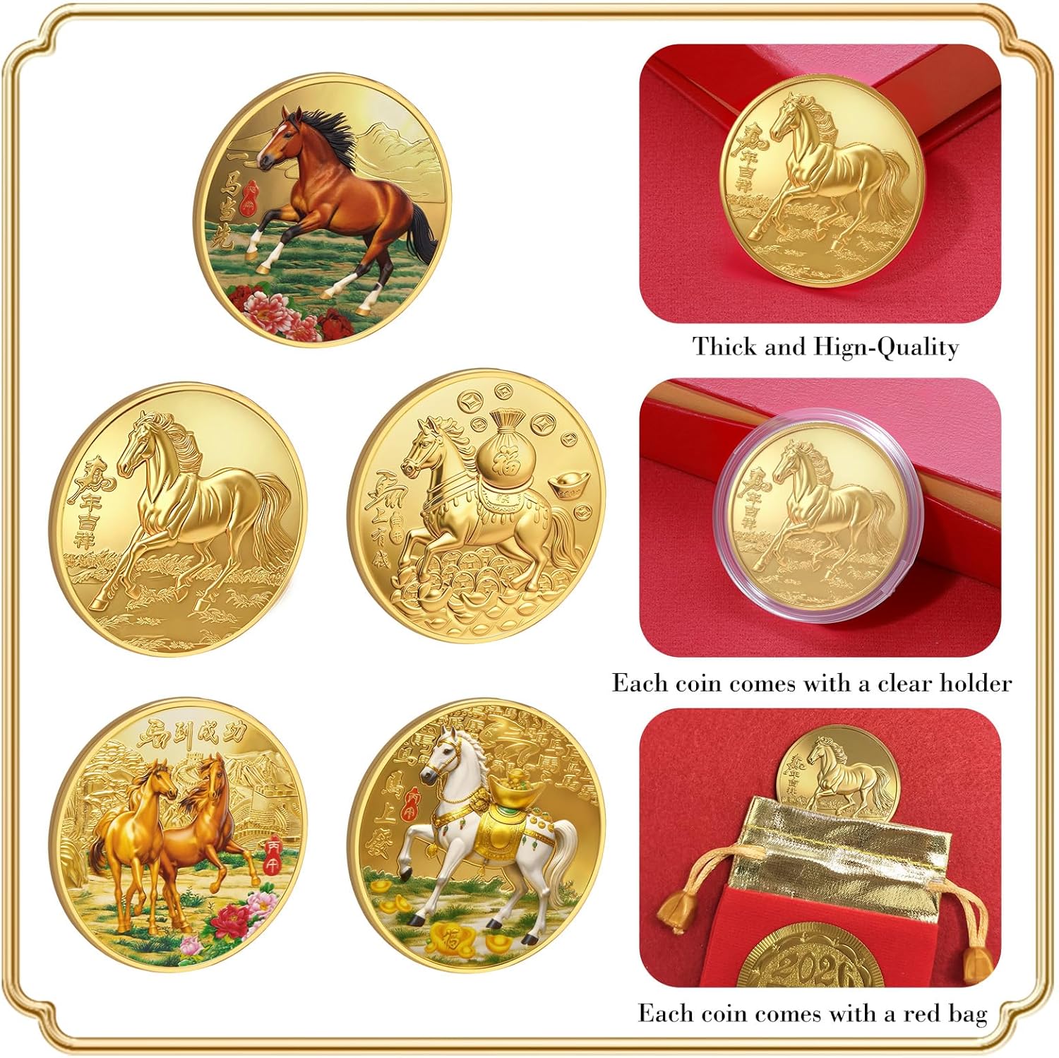 10 Pack Horse Commerative Coin with Chinese Fu Bags 2026 Chinese New Year of Horse Decoration Chinese Lucky Coin Metal Chinese Coins for Wealth and Success New Year Present Gifts