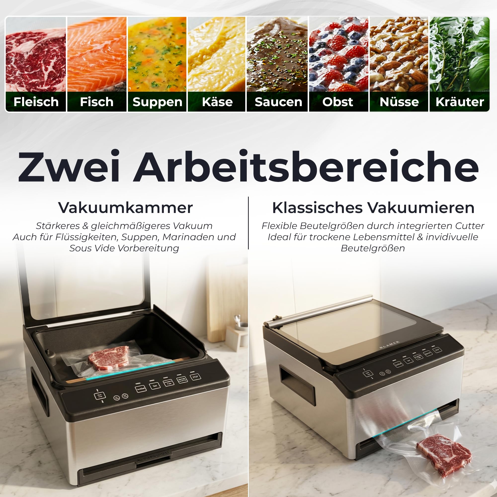 KLAMER Vakuumiergerät Kammer Edelstahl 98 kPa Profi Kammervakuumierer Marinier-Funktion Einstellbare Vakuumzeit & Schweißzeit