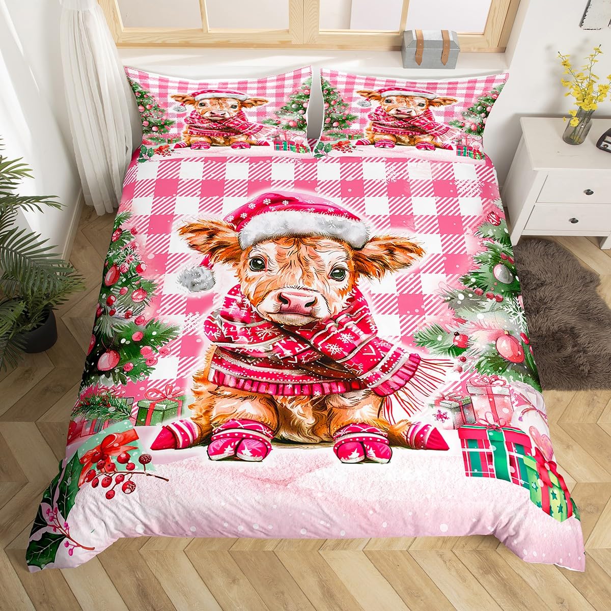 Homemissing Kids Pink Christmas Bedding Set Super King Size Boys Girls Cute Highland Cow Comforter Cover Set Xmas Tree Snowflake Duvet Cover Buffalo Check Modern Pink White Plaid Bedspread Cover