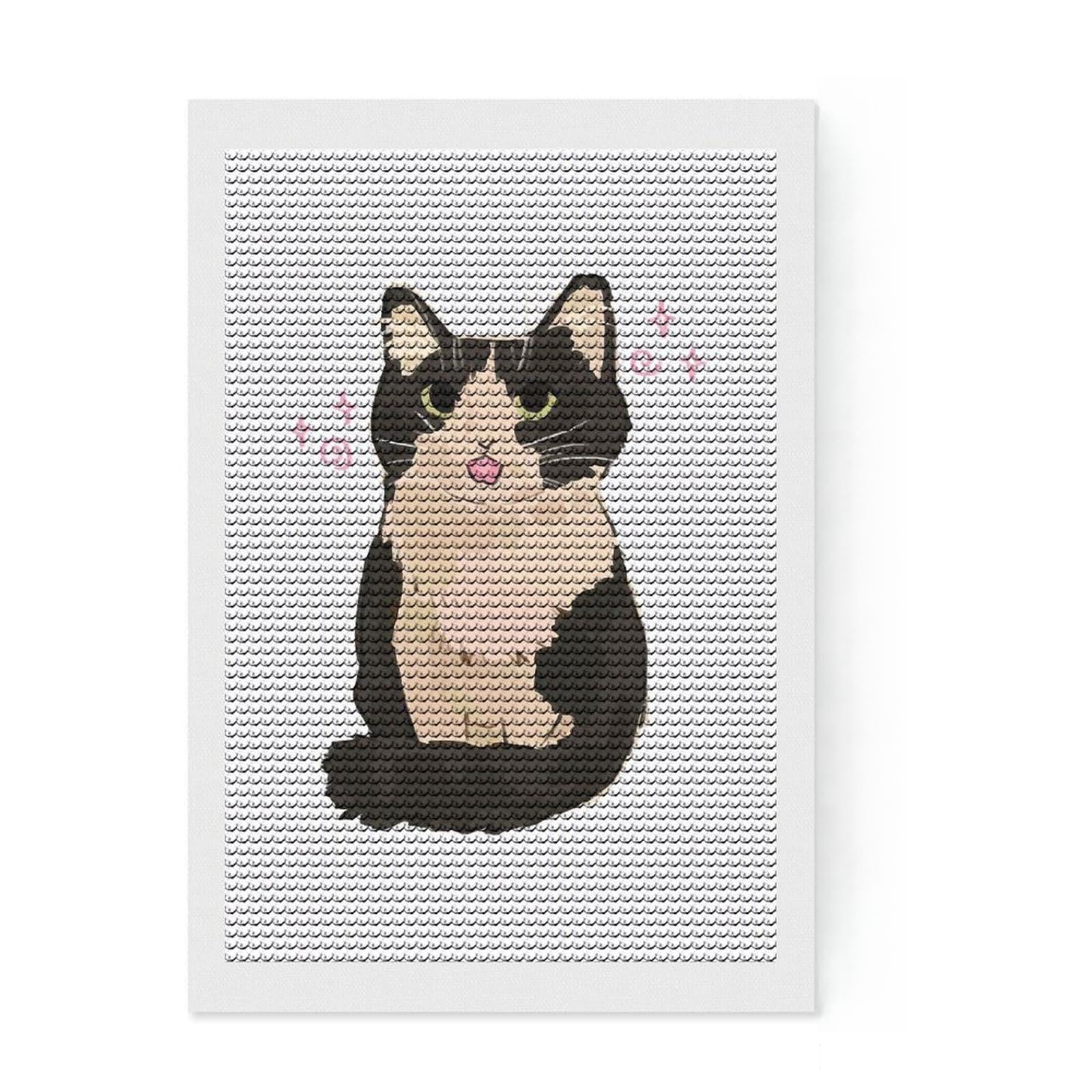 Junmoney Cute Tuxedo Cat Illustration Diamond Art Kit 8"x12", Calming Craft to Unwind, with Tool Kit, Living Room Decor, Festive Craft Gift