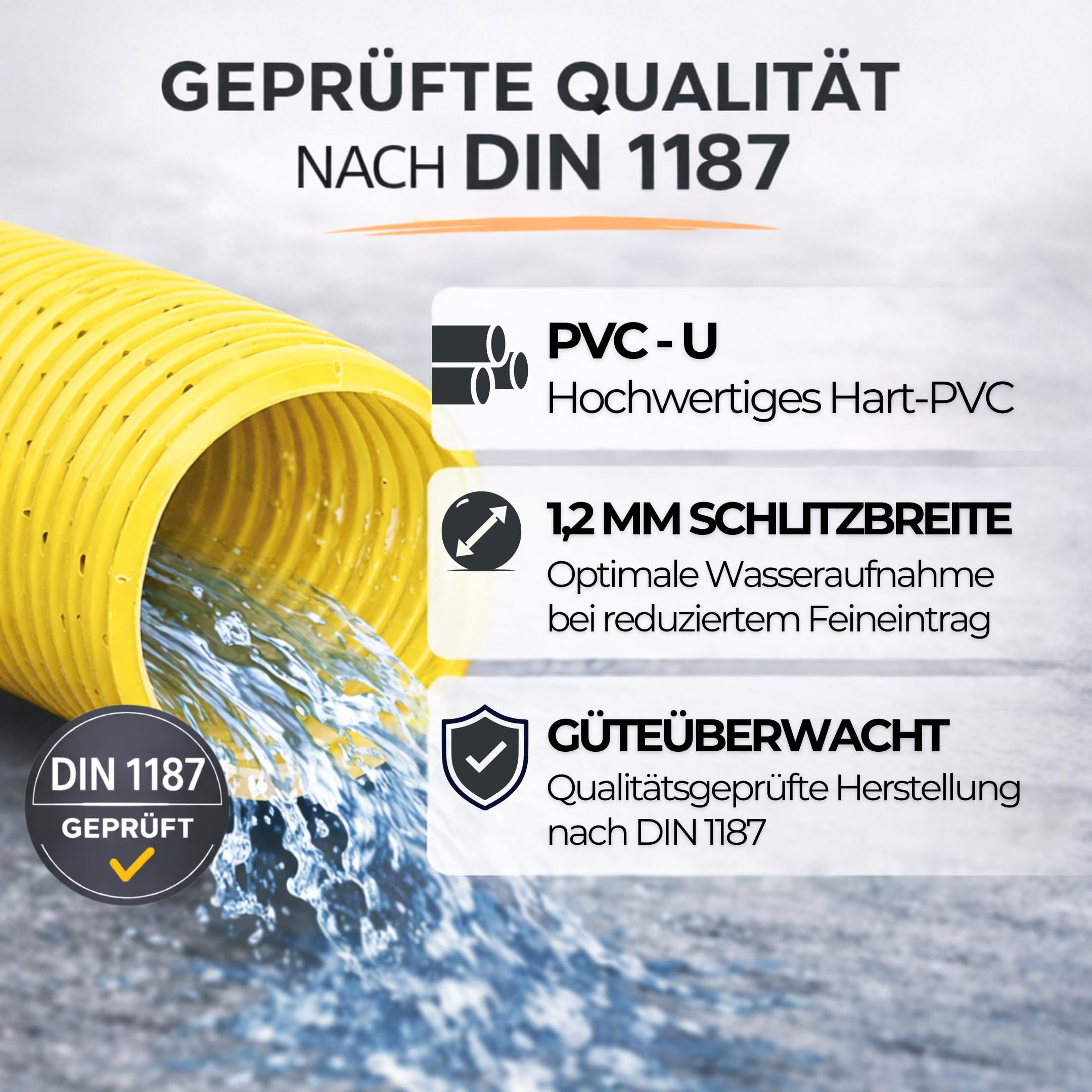 Drainagerohr DN50 20m mit Filtervlies – geschlitztes & perforiertes PVC Sickerrohr flexibel – verhindert Verstopfung und Verschlammung