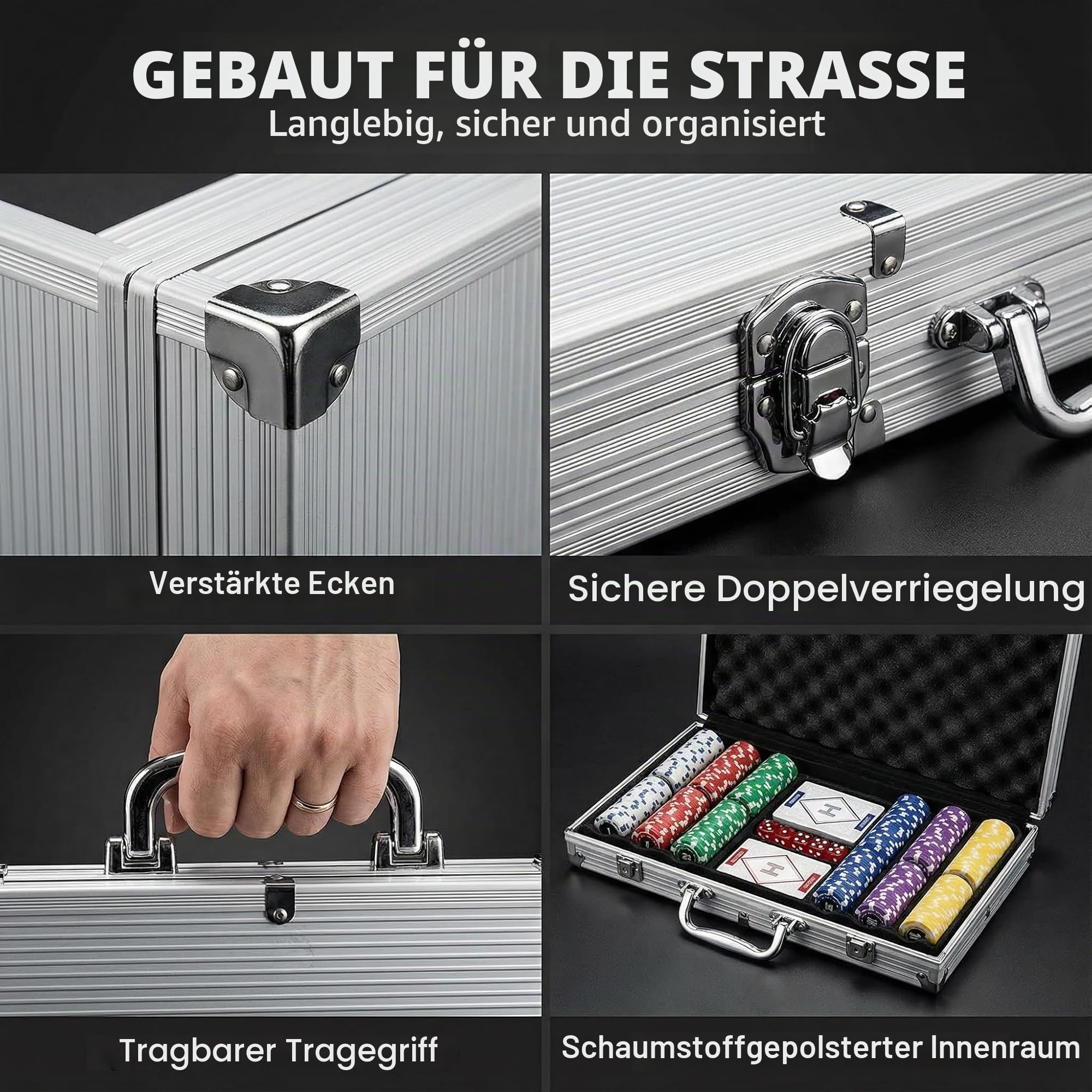 HEITOK Pokerkoffer 300 Chips 14g Clay Composite nummeriert Texas Holdem Set | 2-8 Spieler, gut lesbare Werte, Blackjack, Karten, Würfel, Dealer und Small/Big Blind Buttons, Pokerrunden, Kartenspielabende