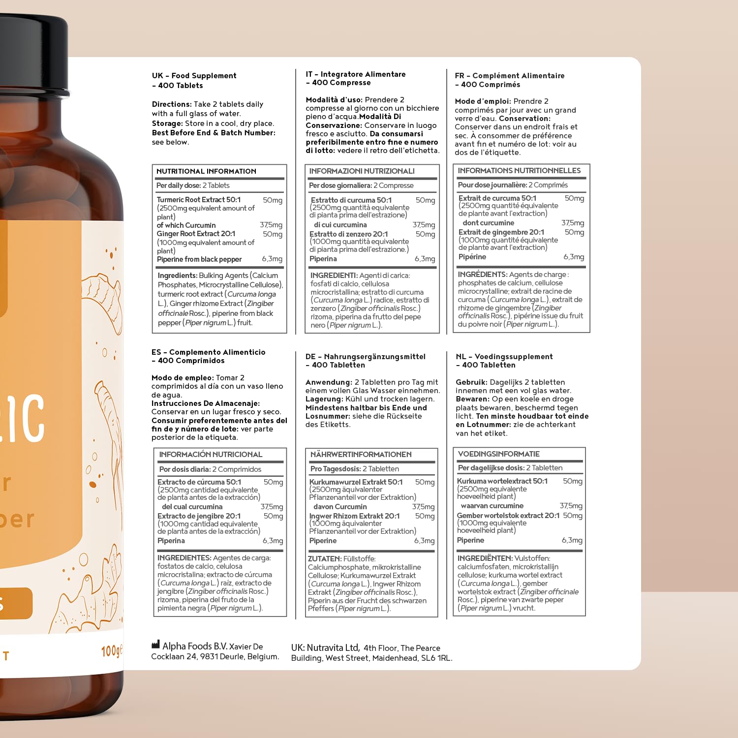 Curcuma ad alto dosaggio | 2500mg al giorno | 400 compresse con curcumina, pepe nero (piperina) e zenzero | Vegan | Alternativa a turmeric in polvere & capsule | Alpha Foods