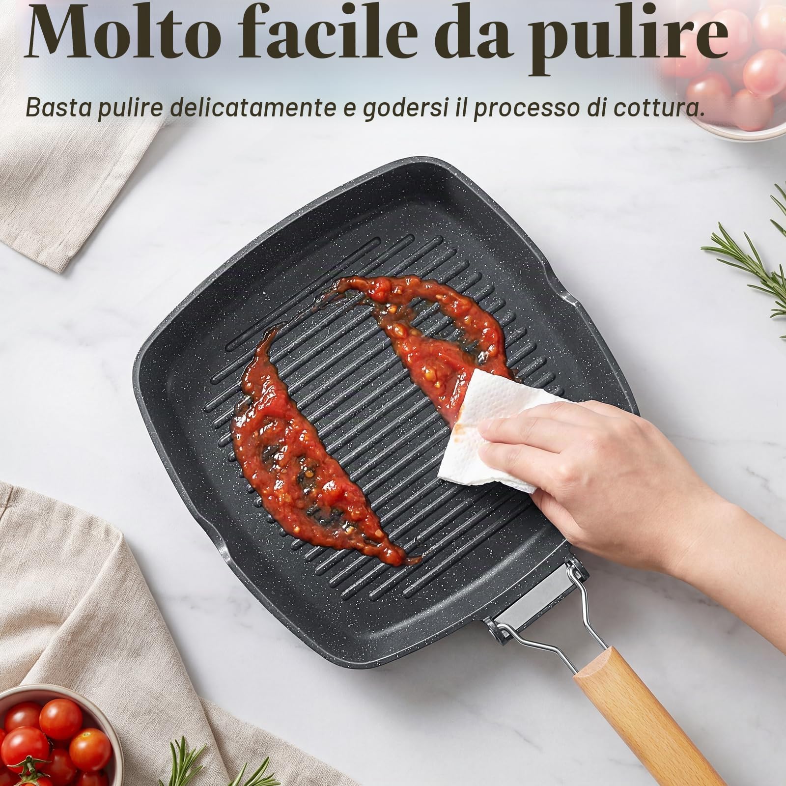 GiPP Bistecchiera antiaderente 24 x 24 cm Grill con manico pieghevole | Adatta per Tutti i Tipi di Fornelli, Induzione, gas, ceramica, elettrico, Alluminio, Facile da riporre e salvaspazio
