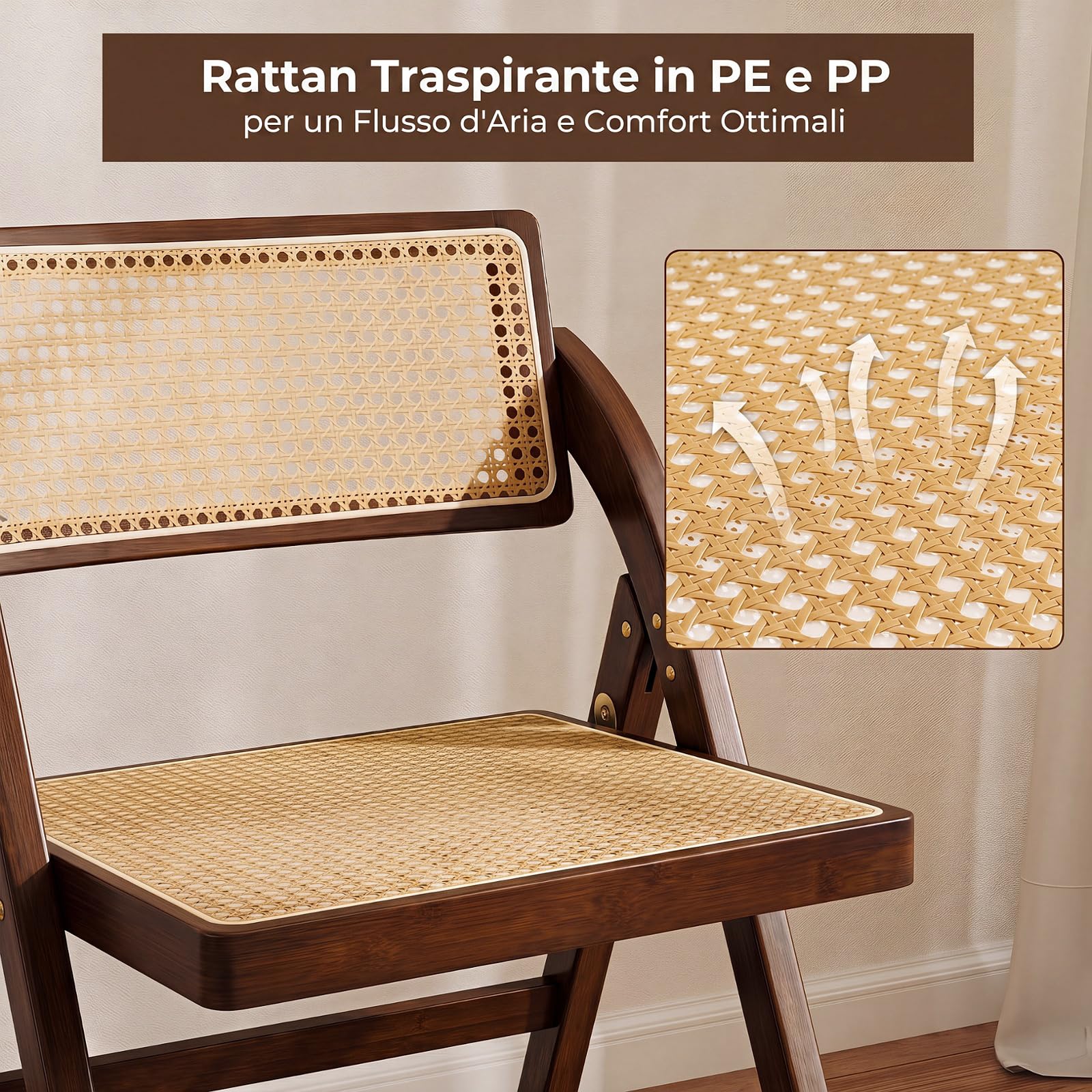 COSTWAY Set di 2 Sedie Pieghevoli da Pranzo in Rattan e Bambù (Caffè)