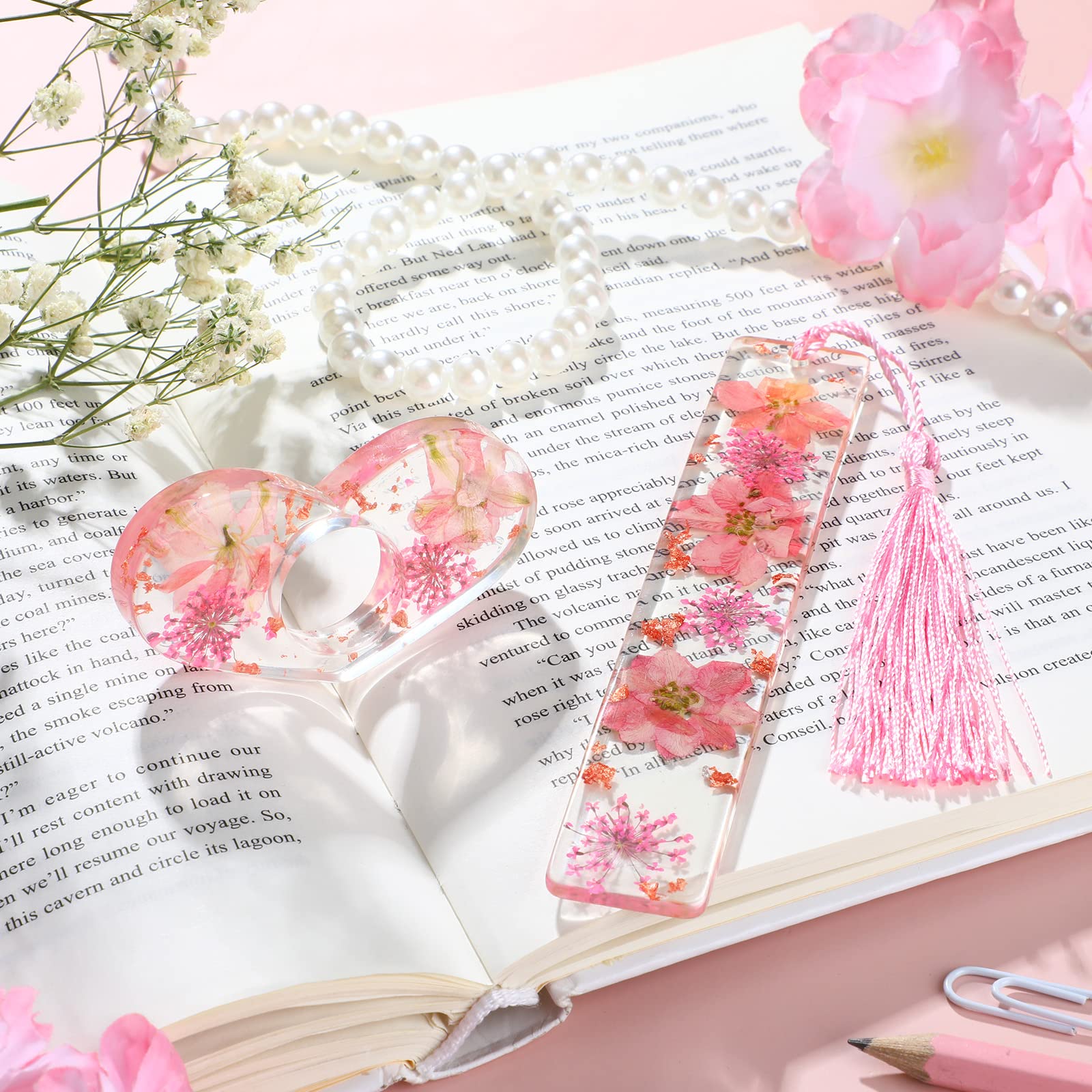 Marque-pages En Résine Avec Fleurs Séchées - Lot De 4 - Avec Pompons - Fait Main - Cadeau Pour Lecteurs - 8