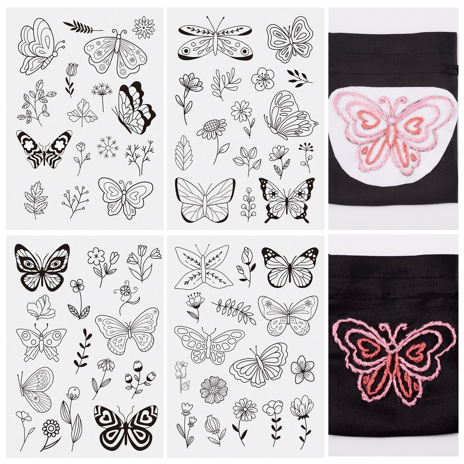 Magibeads 64 Patterns Butterfly Flower Water Soluble Embroidery Patterns Spring Theme Stick and Stitch Transfer Embroidery Paper for Adult Beginners Hand Sewing Starter Kit