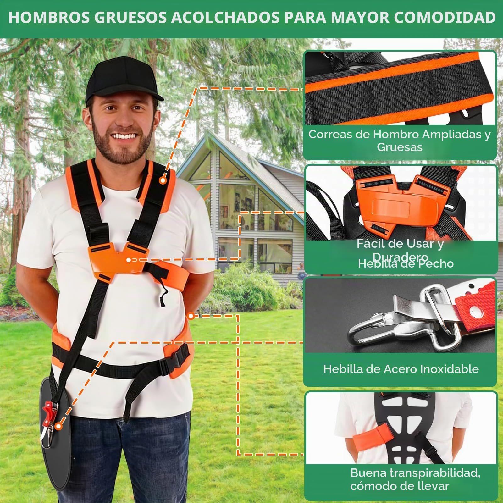 Arnés Doble para Desbrozadora, Correa Ajustable Universal con Acolchado Cómodo para Cortabordes Recortabordes, Tirantes Acolchados de Nylon para Trabajos de Jardinería (Naranja)