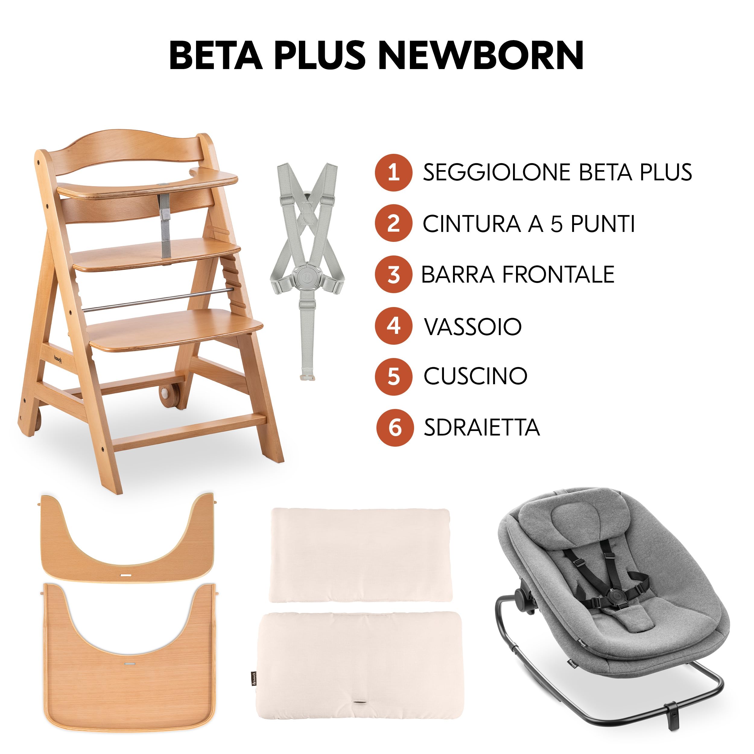 hauck Seggiolone Evolutivo Legno Beta + Newborn Set Highchair Bouncer 3in1 - Dalla Nascita Con Sdraietta Neonati Dondolo, Cuscino e Vassoio - Naturale