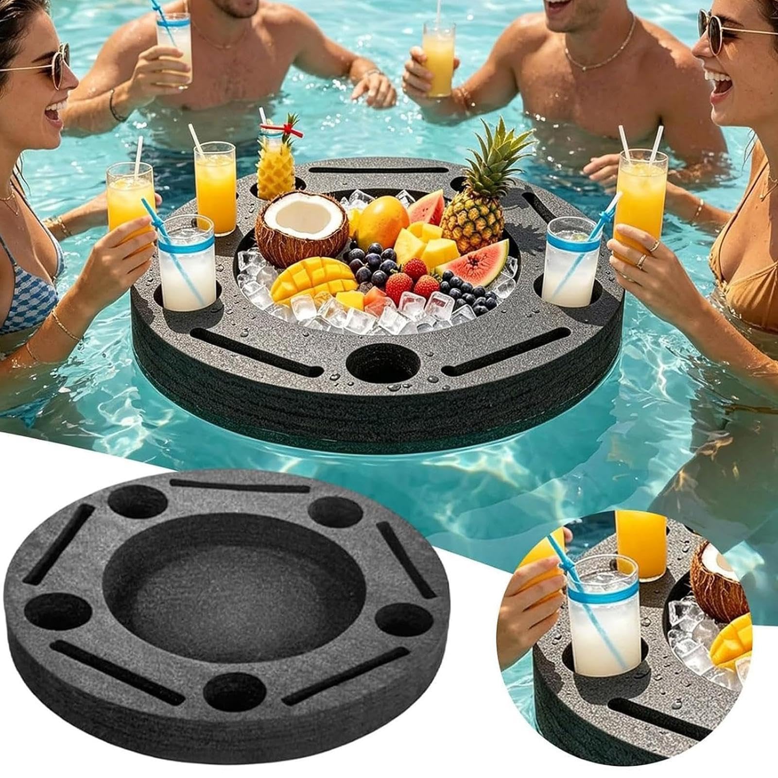 Portavasos Flotante para Piscina Bandeja Portátil para Comida y Copas en | Flotador de Bebidas para Lago Playa Natación Adultos Frutas Bañera Kayak Aire Libre
