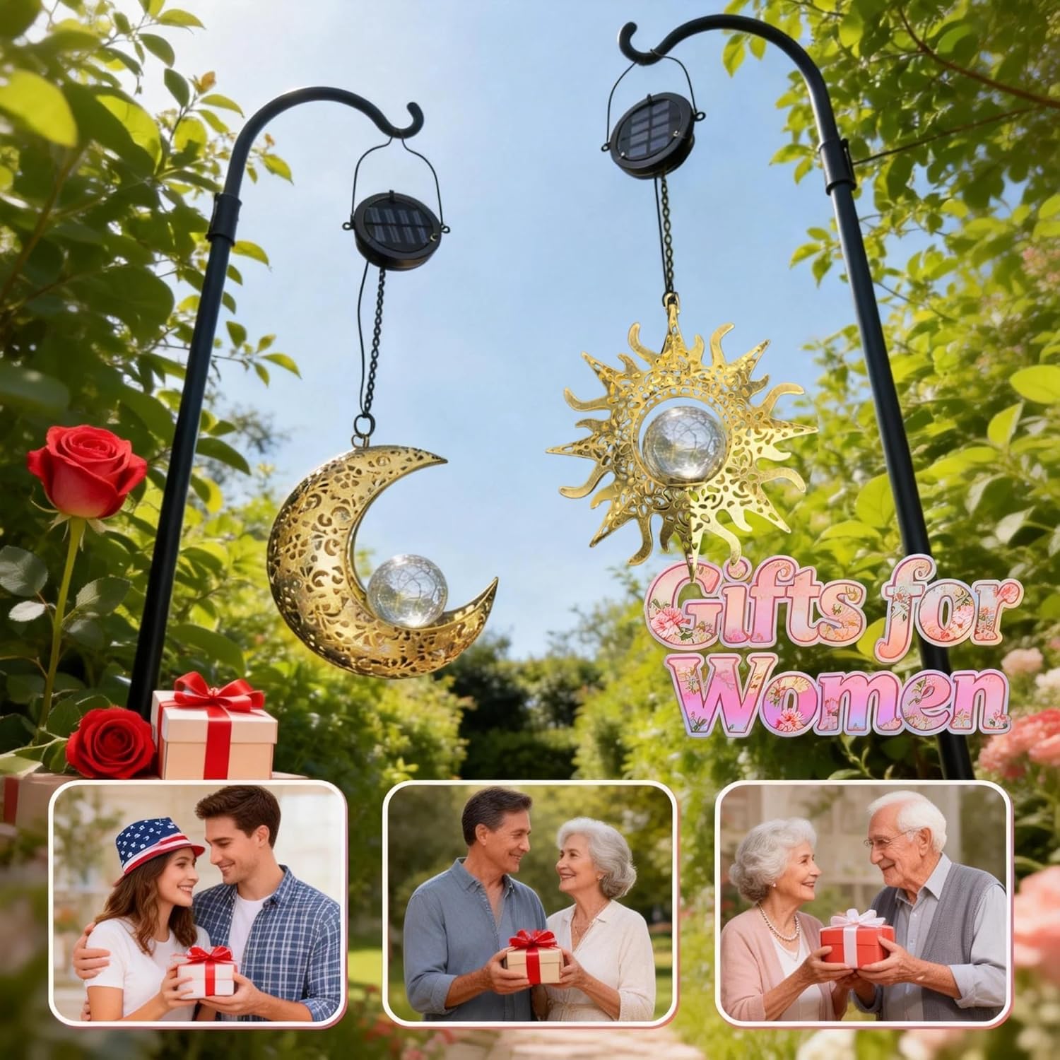 Solar Hanging Sun & Moon Lights Set for Outside,2 Pack Metal Lanterns Pierced Carving Soothing Lamp, Large Decorations for Yard Garden Patio Proch Tree Wall, Christmas Gifts for Women Mom - Image 4