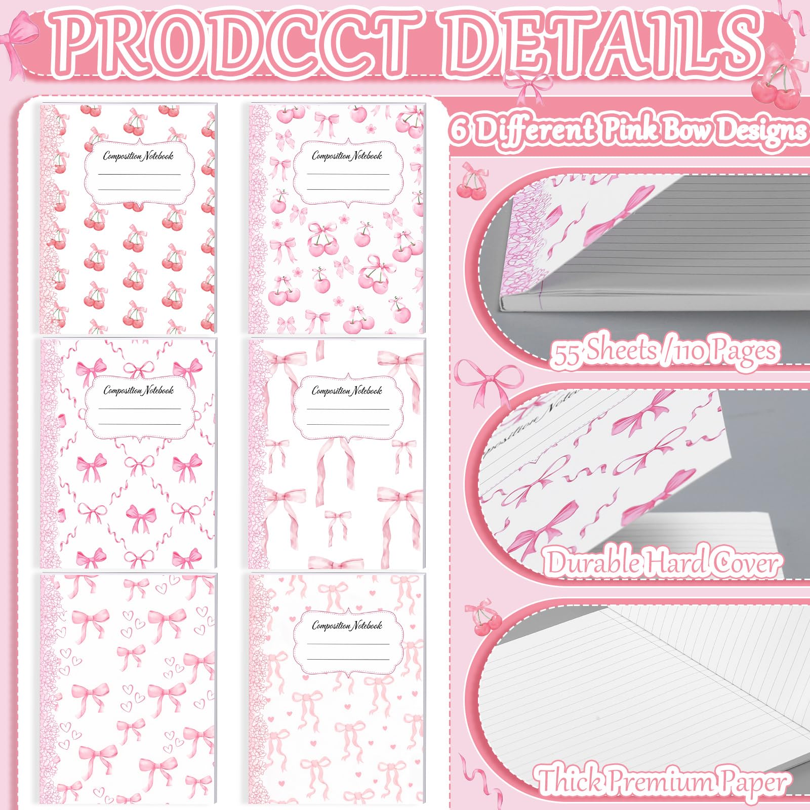 Fullhawl Paquete de 6 cuadernos de composición a rayas universitarias a granel rosa claro, cuaderno de composición de lazo rosa claro para suministros de regreso a clases, 110 páginas 9-3/4 x 7-1/2