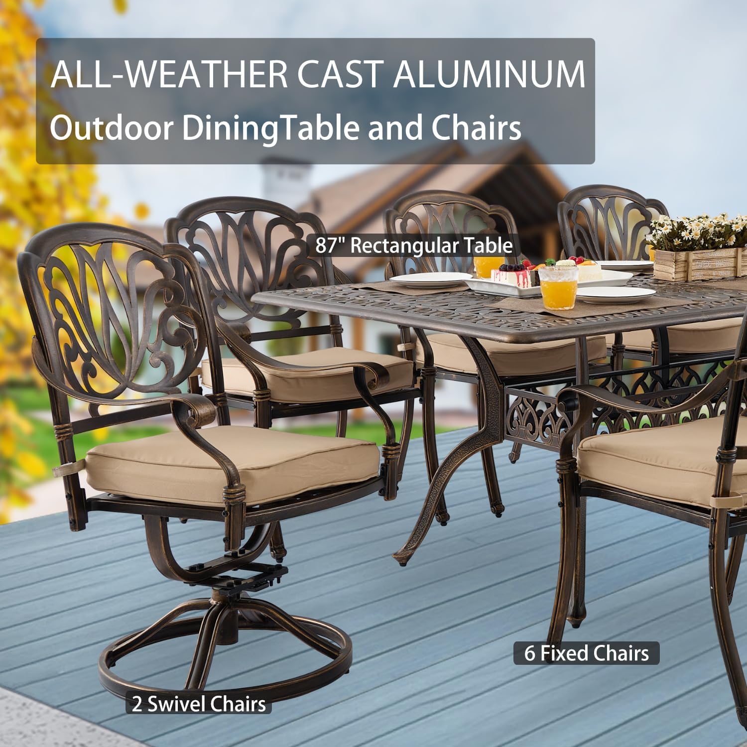 9-Piece Cast Aluminum Patio Furniture, Outdoor Dining Sets for 8 Include 87" Rectangular Patio Dining Table, 6 Stackable Chairs & 2 Swivel Chairs with Cushions & Umbrella Hole(Bronze)