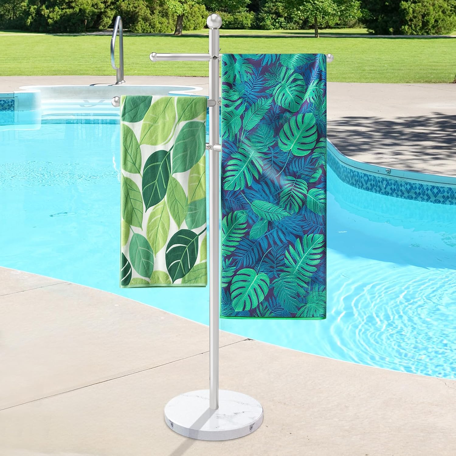 Hestiasko Marble Outdoor Towel Rack, 62.2 Inch Free Standing Towel Holder, 18/8 Stainless Steel Towel Stand, Hot Tub Towel Rack Outdoor with 3 Adjustable Bars for Pool, Patio & Spa