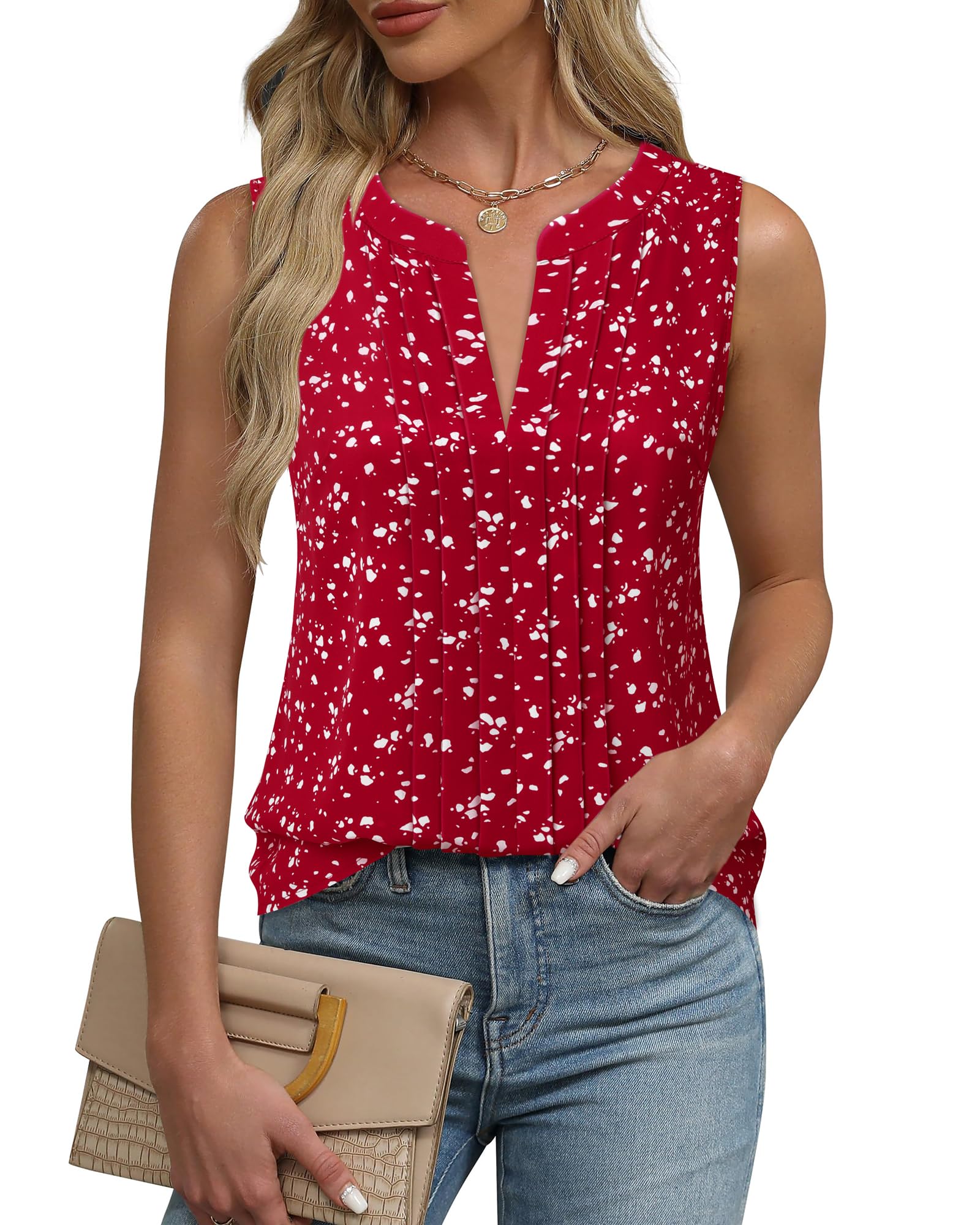 Sleeveless Chiffon Tank Tops for Women Dressy V Neck Blouses Work Pleated Shirt