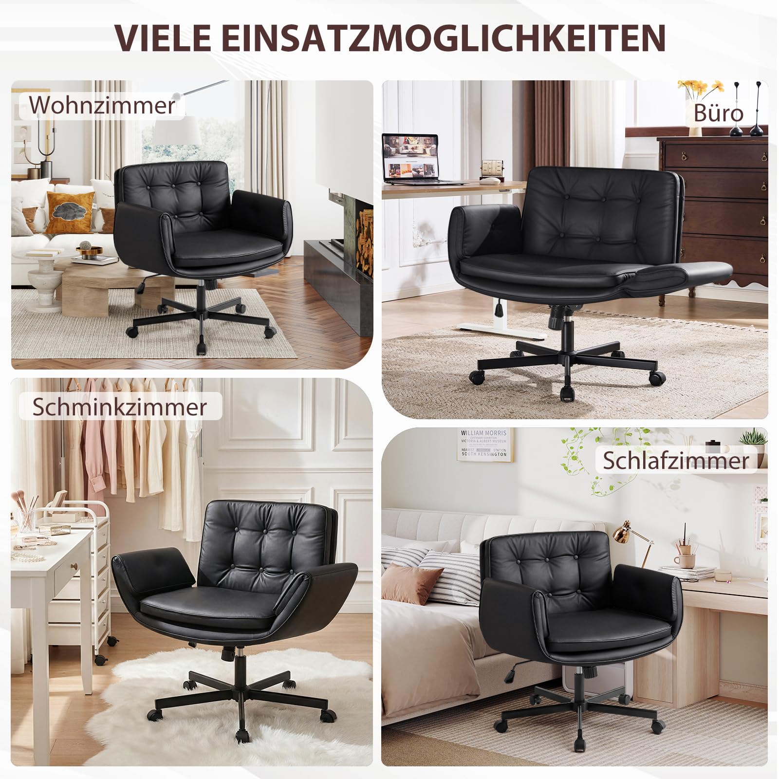 Bürostuhl Ergonomisch mit 5-Stufig Verstellbare Armlehnen, Schreibtischstuhl mit Breitem Sitzkissen, PU Leder Schneidersitz Stuhl mit Neigefunktion, Höhenverstellbar Drehstuhl, Schwarz