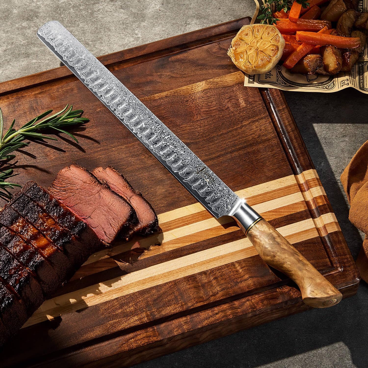 SENKEN 12" Damascus Steel Brisket Knife - Dynasty Collection - 67-Layer Japanese VG10 Steel with Natural Sycamore Wood Handle - Ultra Sharp Carving Knife for Brisket, Roasts