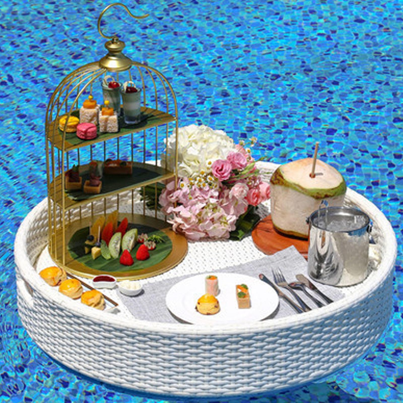 Vassoio Galleggiante Per Piscina, Rotondo in Rattan Grande Tavolino Galleggiante Per Feste in Piscina o in Spiaggia, Galleggianti Per Piscina Per Adulti