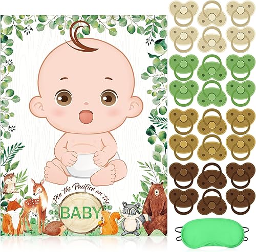 Faccito Pin The Chupete Juego de baby shower, decoración de fiesta de baby shower, incluye póster grande, 24 calcomanías para chupete, juego para