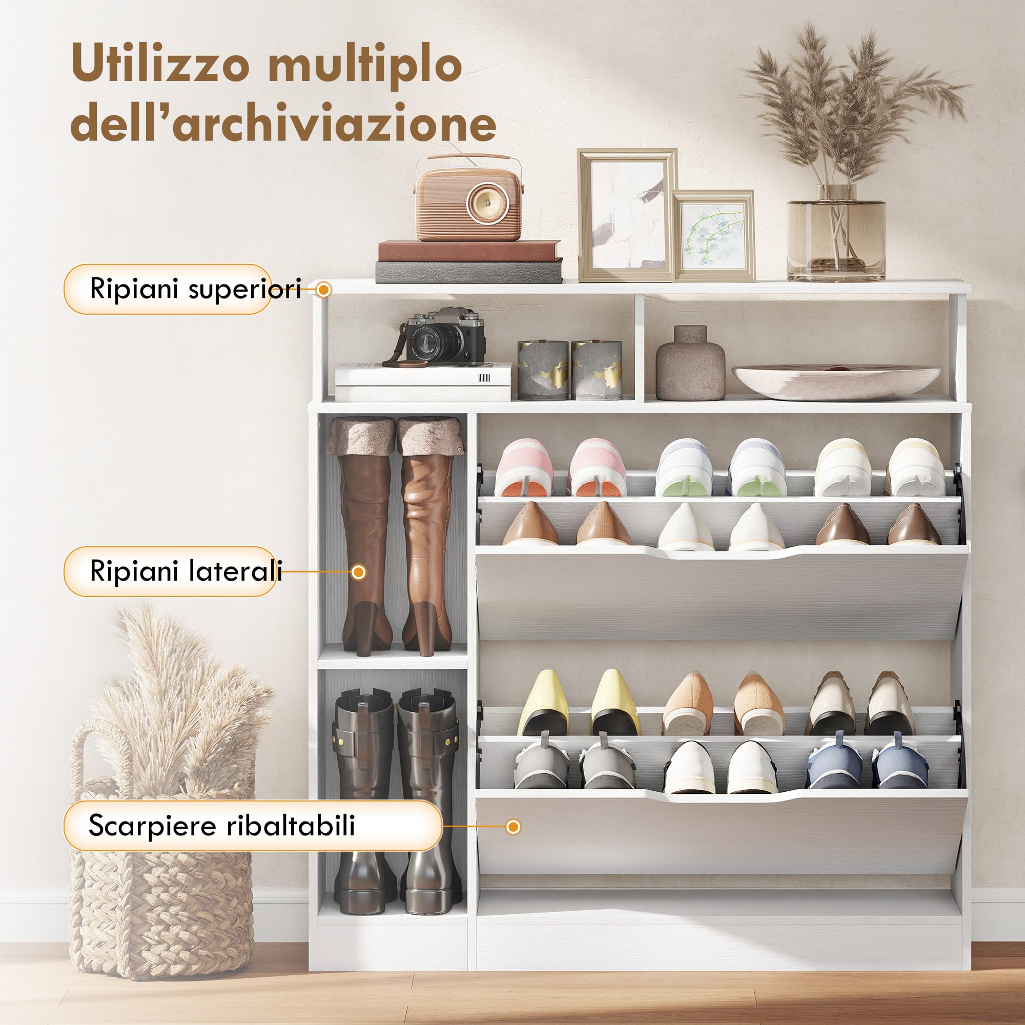 HOMCOM Scarpiera Salvaspazio Slim con 2 Ante a Ribalta, Scarpiera Ingresso con Ripiani Regolabili Rimovibili, Ripiani Aperti, Scomparto Laterale, Porta Scarpe in Legno con Maniglia, Bianco