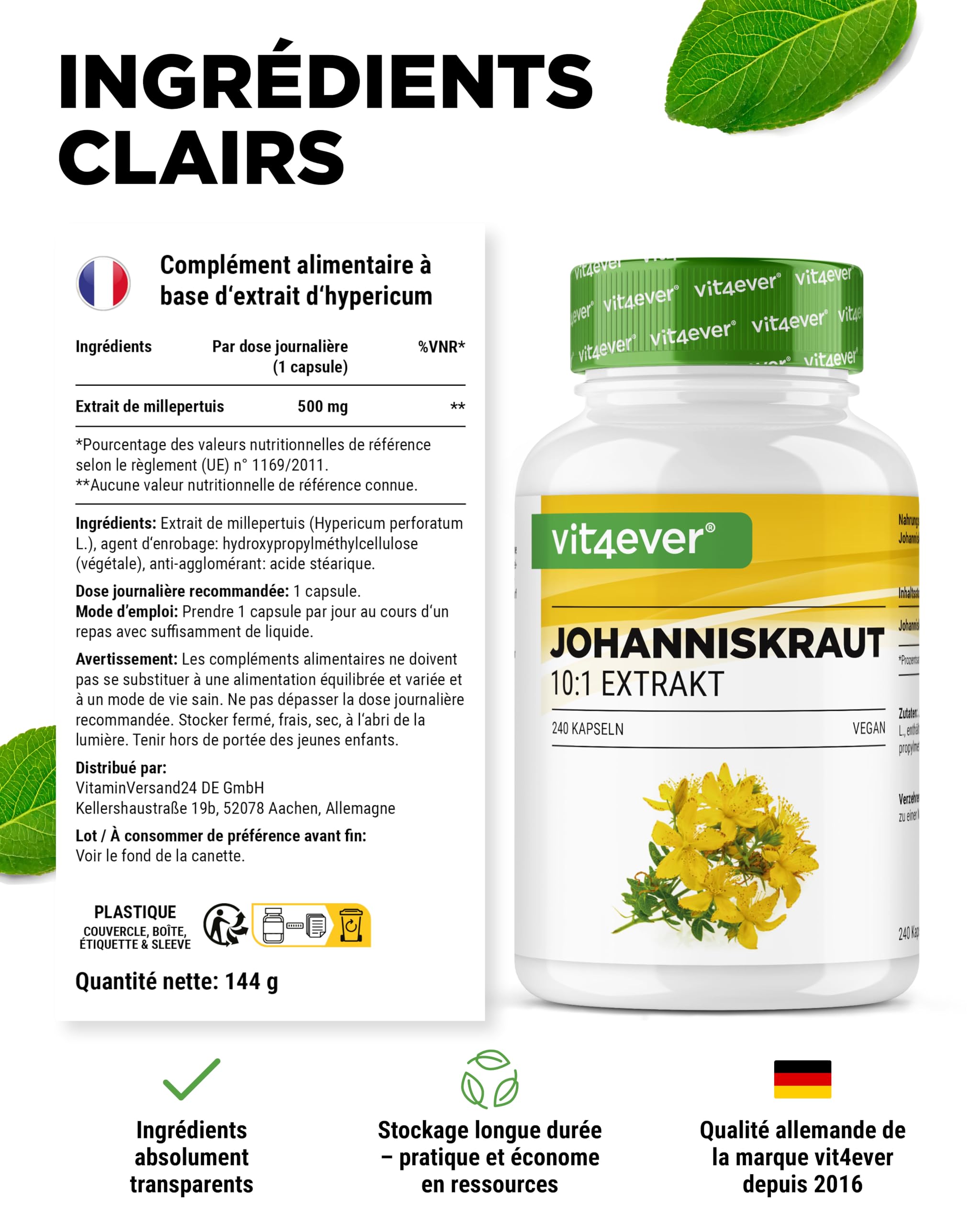 Millepertuis -240 capsules avec 500 mg d'Extrait fabriqué à partir de 5000 mg de Millepertuis pur - Extrait Naturel 10:1 - Hautement Dosé - Vegan