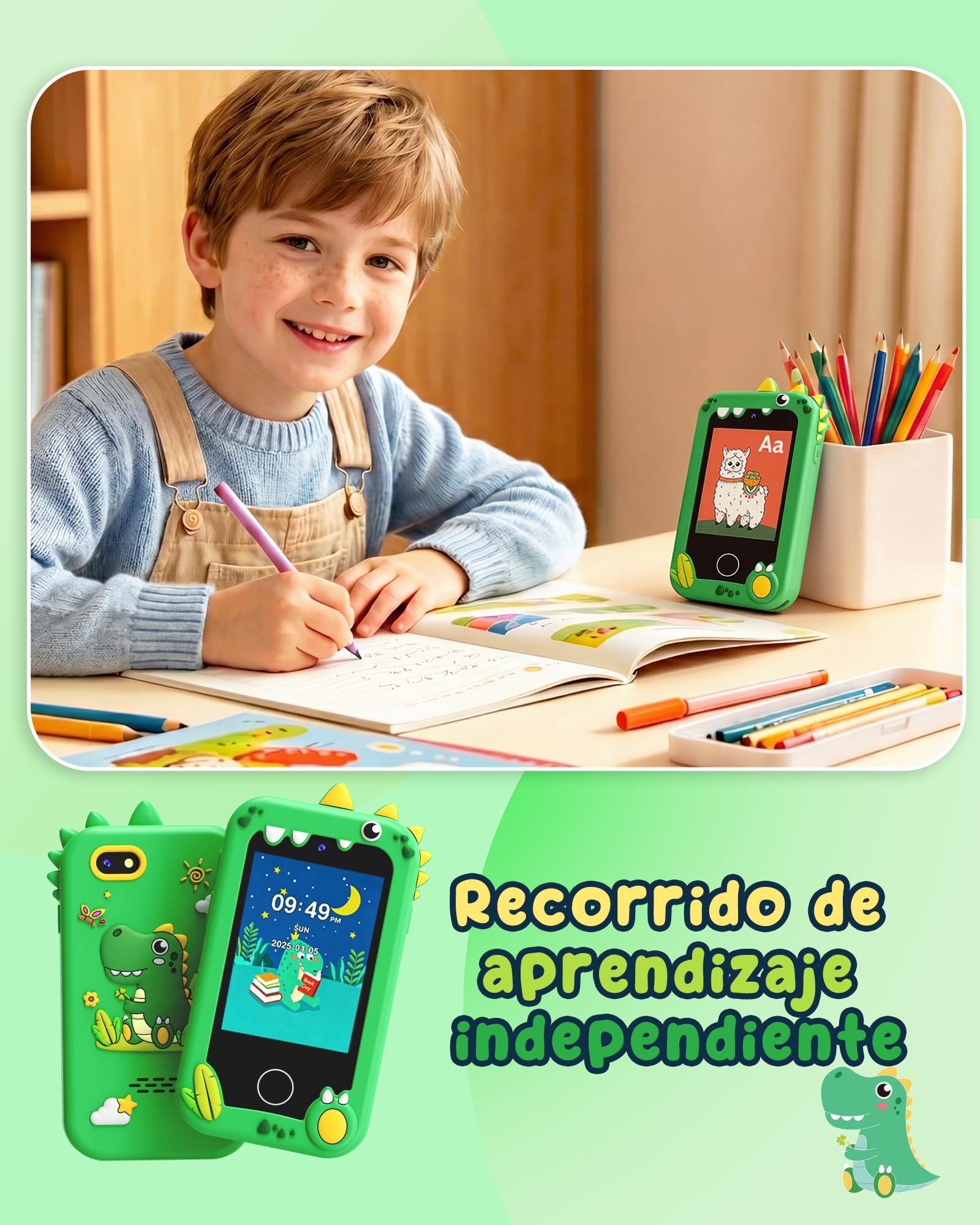 UCIDCI Teléfono inteligente de dinosaurio para niños de 3 a 8 años, teléfono de aprendizaje con pantalla táctil de 2.8 pulgadas con 25 aplicaciones de cámaras duales, tarjeta SD de 8 GB, reproductor