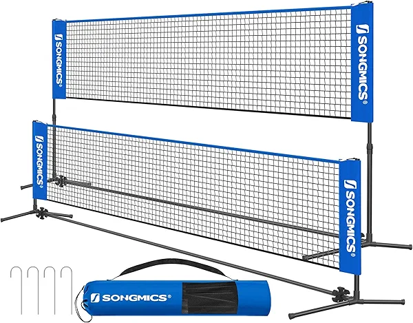 SONGMICS Badminton Net, Height Adjustable Volleyball Net, Pickleball Net for Junior Tennis, Kids, Indoor Outdoor Court, Foldable Nylon Net with Poles 10ft/13ft/16.5ft Wide 13FT Blue