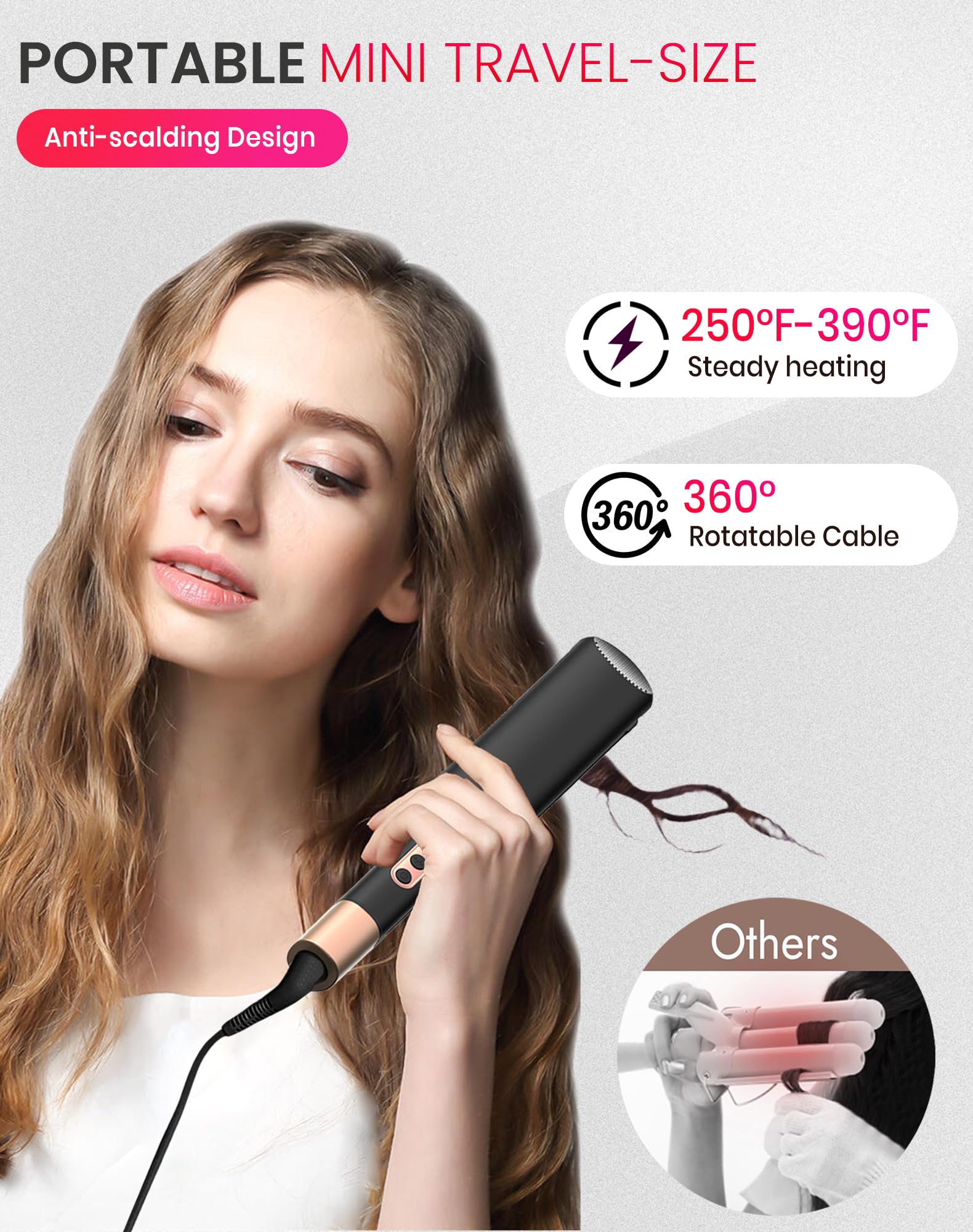 UKLISS Mini plancha ondulada para el cabello, ondulador de pelo de sirena para ondulaciones, tamaño de viaje, rizador de ondas de playa (120 – 200 ℃), rizador de pelo portátil, rizador de pelo